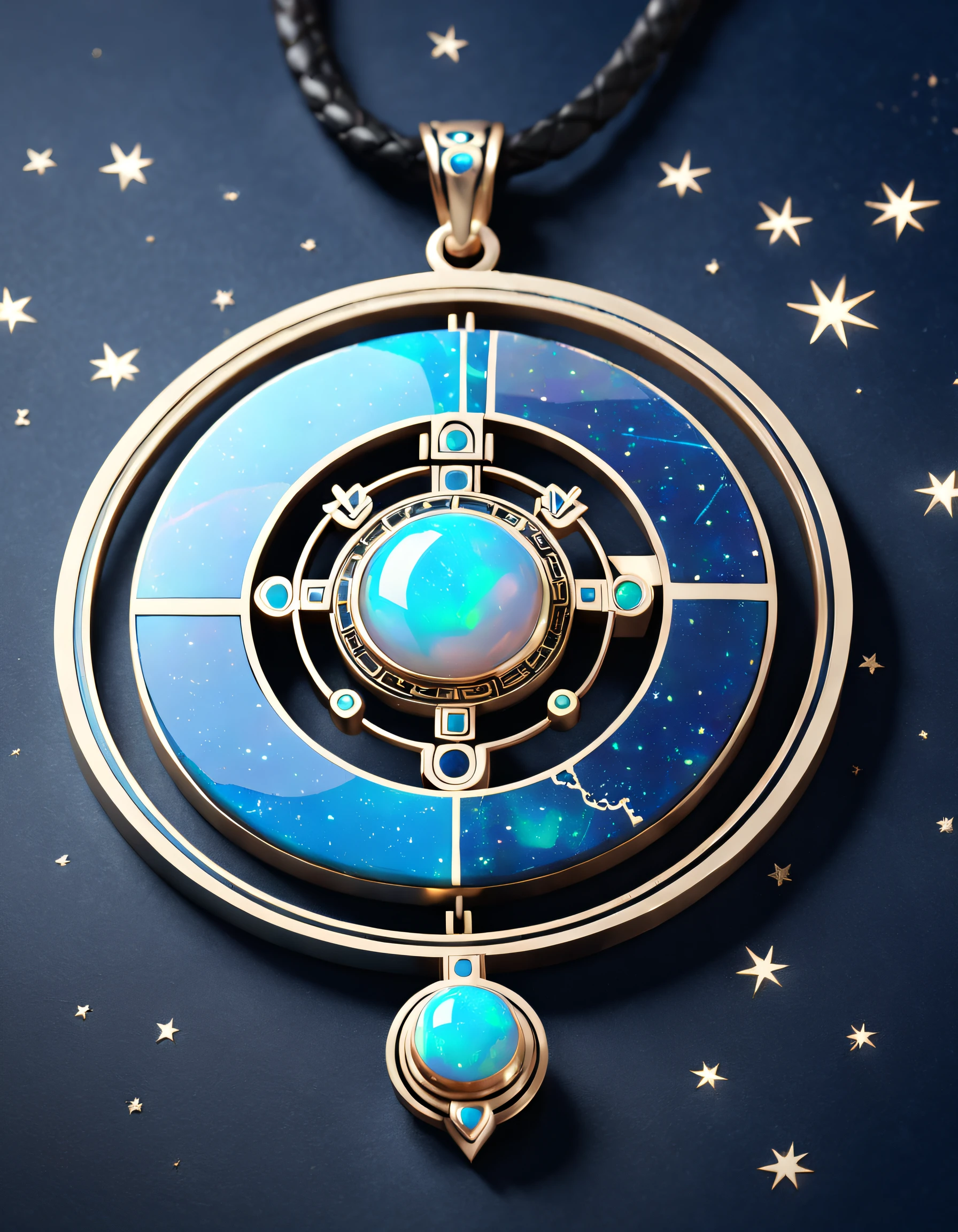 Item design, (close-up of circular pendant), (with a large double opal stone in the center: 1.2), a leather rope, (constellation symbol necklace), (constellation carving), black gold border, platinum, lapis lazuli, turquoise, complex structure, geometric shape, (Dunhuang mural style), background: black stone, 3D rendering, octane rendering, digital art, jewelry photography,