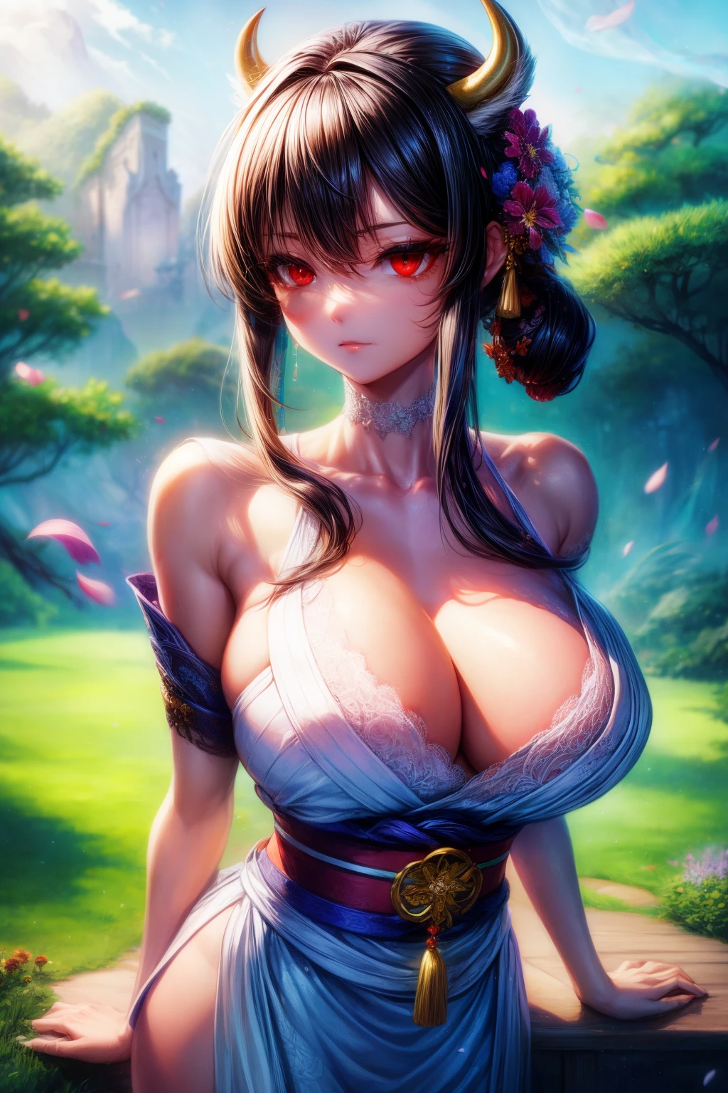 (tmasterpiece:1.2, Best quality at best), (Elaborate Eyes: 1.2), ((1个Giant Breast Girl)), ((Alone)), (red eyes:1.4), (Delicate eyes and delicate face:1.3), ( Beautiful clear background: 1.2), (extremely detremely detailed CG, 超詳細, The best shadow: 1.1), ((depth of fields)), ((aquarelle)), (their: 1.5), (komono: 1.3), Bigboobs , exposed bare shoulders, flowers and petals, beautiful concept art, (white backgrounid: 0.5), (illustratio: 1.1), (an extremely delicate: 1.1), (Perfect details: 1.1), contours, cow boy shot,