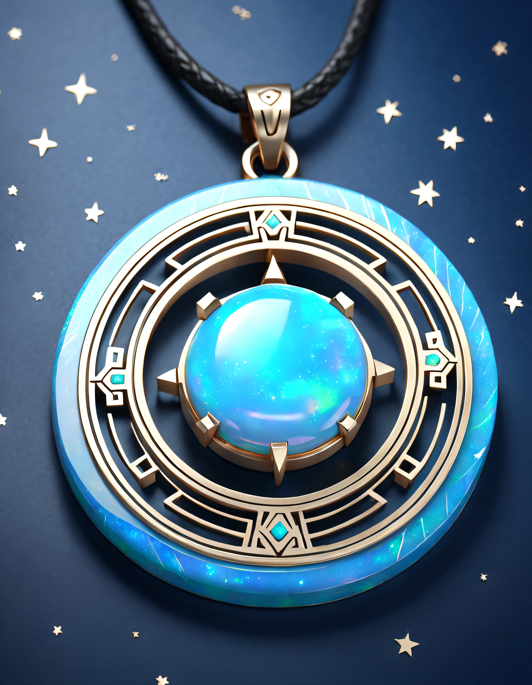 Item design, (close-up of circular pendant), (with a large double opal stone in the center: 1.2), a leather rope, (constellation symbol necklace), (constellation carving), black gold border, platinum, lapis lazuli, turquoise, complex structure, geometric shape, (Dunhuang mural style), background: black stone, 3D rendering, octane rendering, digital art, jewelry photography,