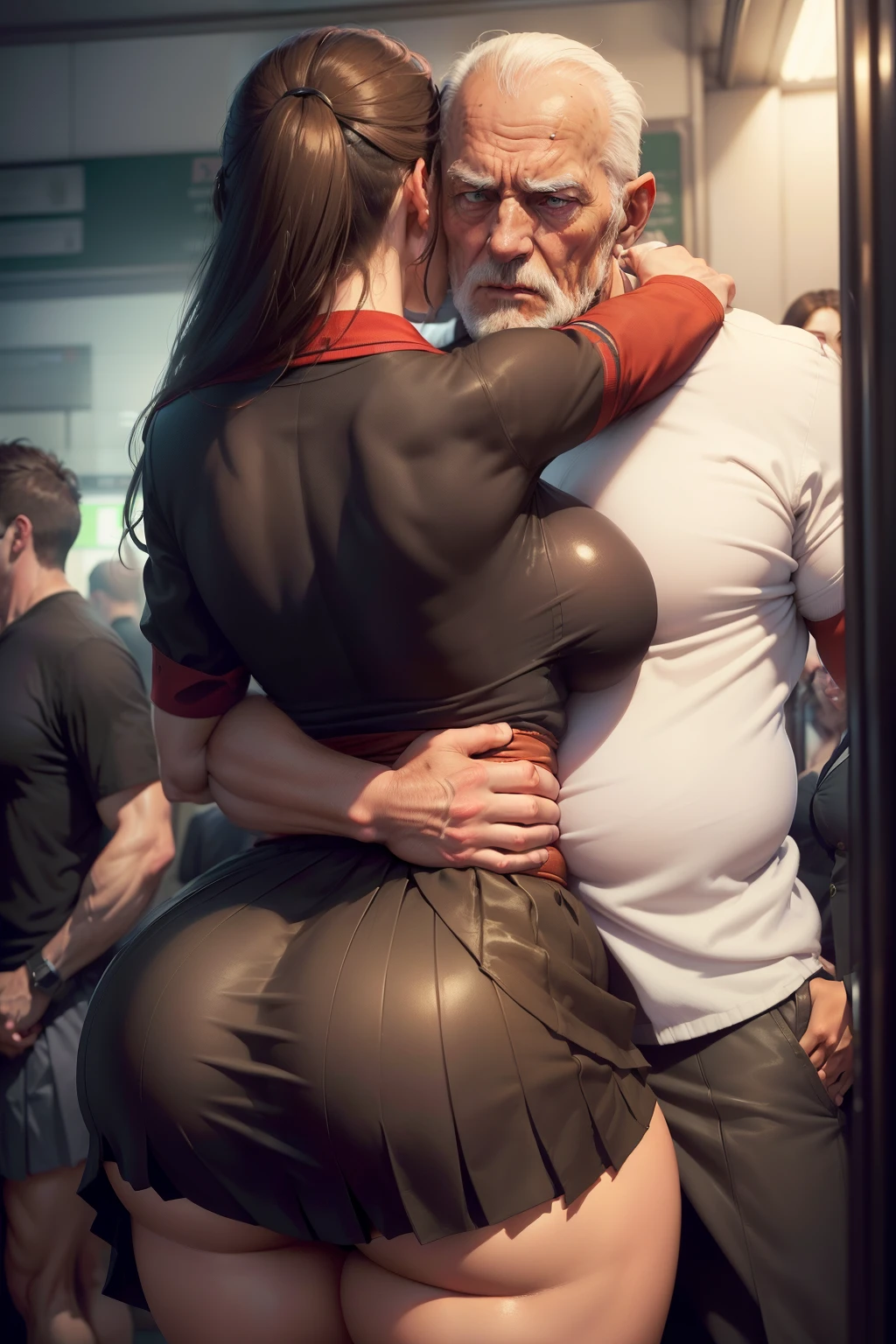 sfv, Realistic, Masterpiece, Very crowded subway train interior detailed scene, Very crowded subway train interior detailed background, Stand crazy (Woman 1) Use sexy ((school uniform)), (((lifted skirt)), (Big ass), (Thick), (Fear expression), Be red in the face, Old little man butt touching woman from behind 1,(((The old man pressed his chest against Woman 1's back))) and (((Hold her waist behind you))), (wide hips:1.2), (big buttocks:1.2), (thick thighs:1.2), (small waist:1.2), (gigantic breasts:1.2)