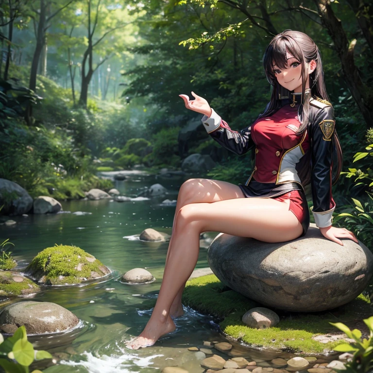 One in sexy uniform,Beautiful girl sitting on a stone in the forest washing her feet,Slim figure,With a smile on your face,It makes my heart melt just looking at it