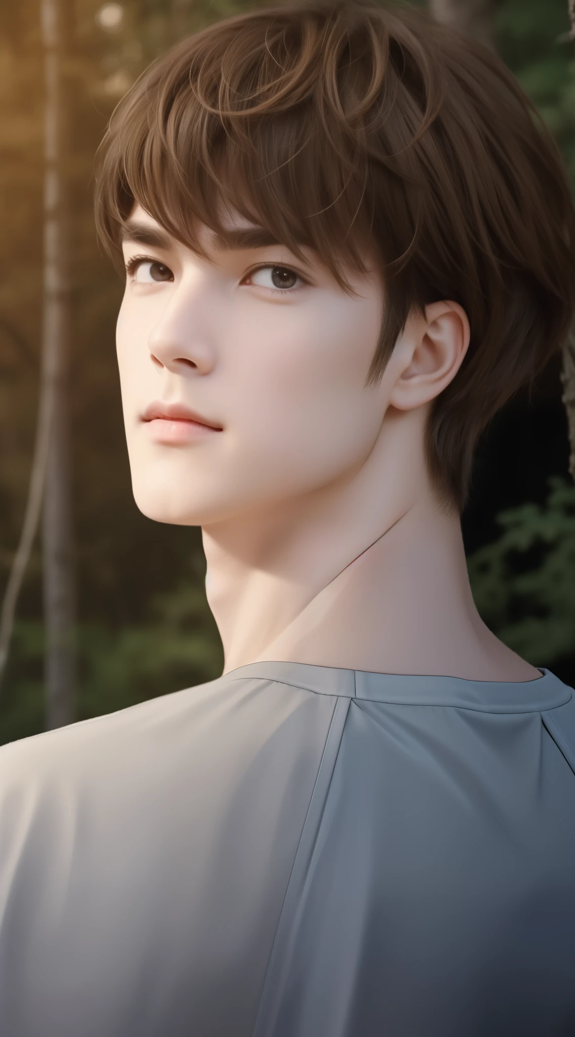 close-up of a man in the forest. young man with short brown hair. The subject's face takes up most of the frame., his head is slightly tilted to the side, and the eyes look into the distance. His facial features are clearly defined, from a sharp jawline to full lips and well-defined eyebrows. He has long eyelashes, which give depth to his gaze, giving it a tense, but at the same time a contemplative expression.
The background of the painting is minimal, but still adds dimension to the overall composition. It consists of various shades of brown and gray, creating warm and earthy tones, which complement the color of the object. The dominant color in this product is white, which can be seen both in the foreground, and in the background.
ultra high res.phutorealistic:1.4,UHD
