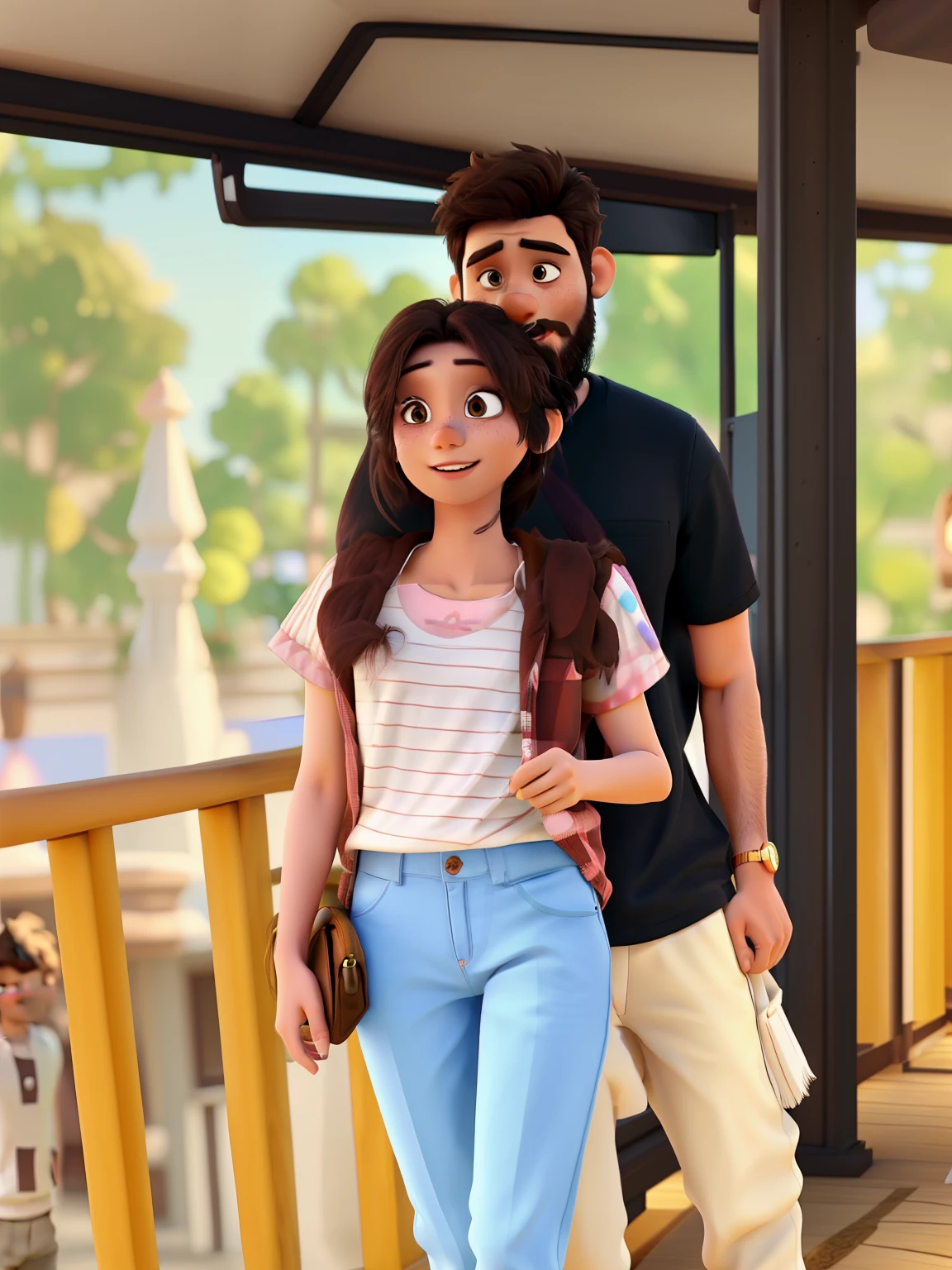 realistic high quality background 3D love couple Bearded brown boy and short white pretty girl balck tshirt,and cream color trousers boy,  Light pink and white striped girl t-shirt,