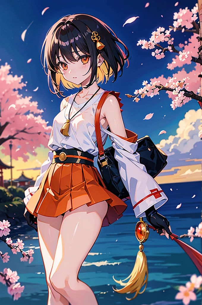 orient、Captain Fumi Sesshomaru、A dark-haired、short-hair、bob、Orange Eye、amber eyes、Brown plumage、Tkin、Tengu、High 、Grown-up、Naked shirt、seductiv、high socks、gloves、a necklace、Shoulder bag、camera、City Date、Cherry blossoms、hotel、Detailed key anime art, anime goddess,top-quality、An ultra-high picture quality、(Highly detailed background 1.0)、Seductive Anime Girl, anime style 4 k, best anime 4k konachan wallpaper,anime moe art style, Anime art wallpaper 8k、Highly rated on pixiv、top-quality、超A high resolution、Per person、soio、Highly rated on Twitter