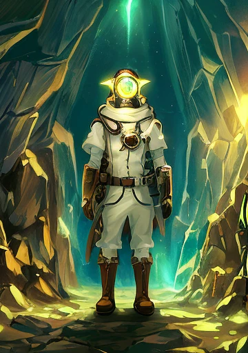Object Head,lamp head explorer,adventurer,inside the crystal cave,anime styled,illstration,steampunc