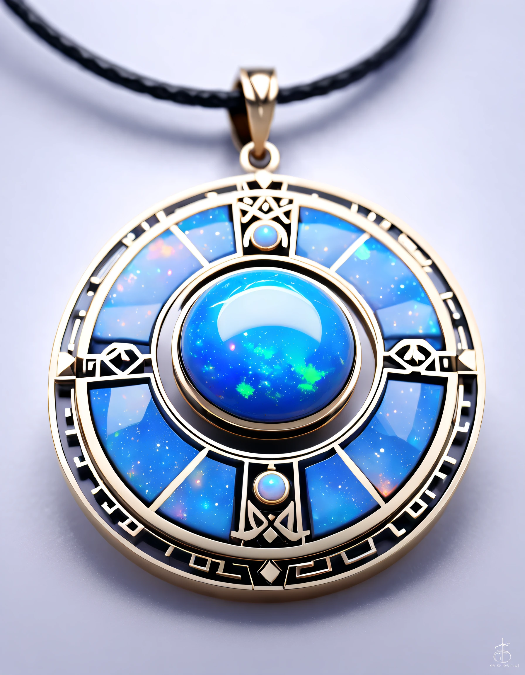 Item design, (Round pendant close-up), (There is a huge double opal in the center: 1.2), a leather cord, (Constellation symbol necklace), (constellation carving), （Black gold border）, platinum, lapis lazuli, turquesa, Clams，Complex structure, geometric shapes, (Dunhuang mural style), Boho Style，
Background with: Black stone, 3Drenderingof, Octagonal rendering, number art, jewelry photography,