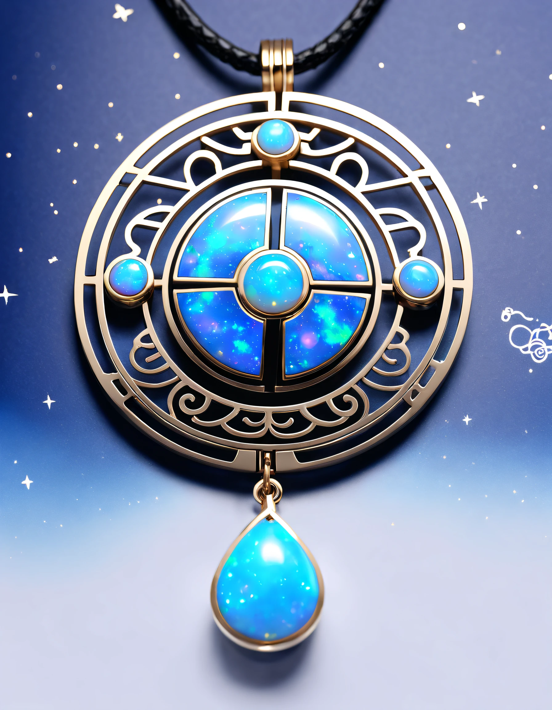 Item design, (Round pendant close-up), (There is a huge double opal in the center: 1.2), a leather cord, (Constellation symbol necklace), (constellation carving), (Black gold border), platinum, lapis lazuli, turquesa, Clams,Complex structure, geometric shapes, (Dunhuang mural style), Boho Style,
Background with: Black stone, 3Drenderingof, Octagonal rendering, number art, jewelry photography,