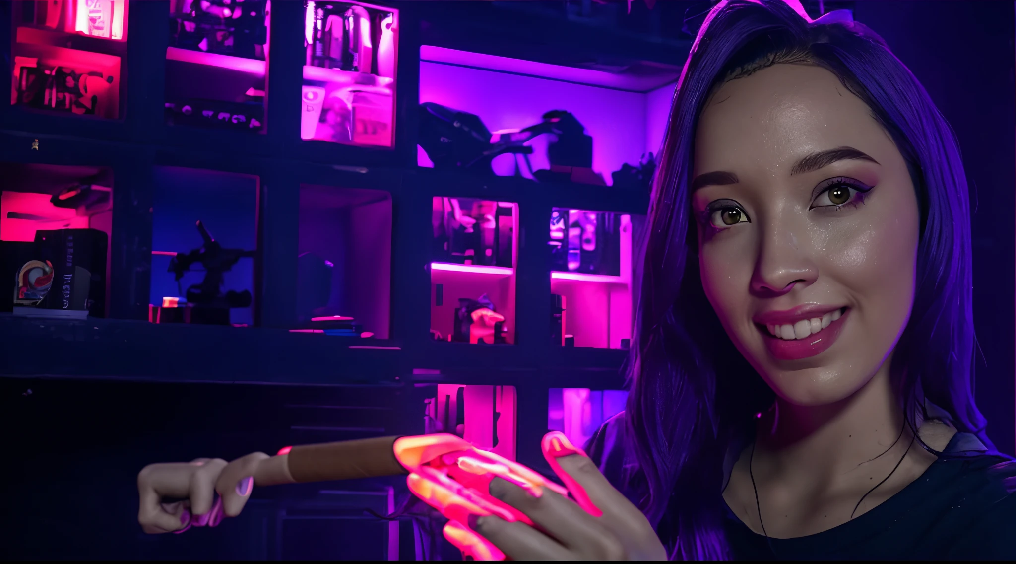 There is a woman SHOWING her hand, Miniatura do YouTube, Streamer do Twitch, Pokimane, Streaming na Twitch, Twitch TV |, hard lighting!, 🕹️ 😎 🚬, sala de jogos em 2 0 4 0, sala de jogos, 🕹️ 😎 🔫 🤖 🚬, cool purple lighting, extremely moody purple lighting, Fresh purple slate blue lighting