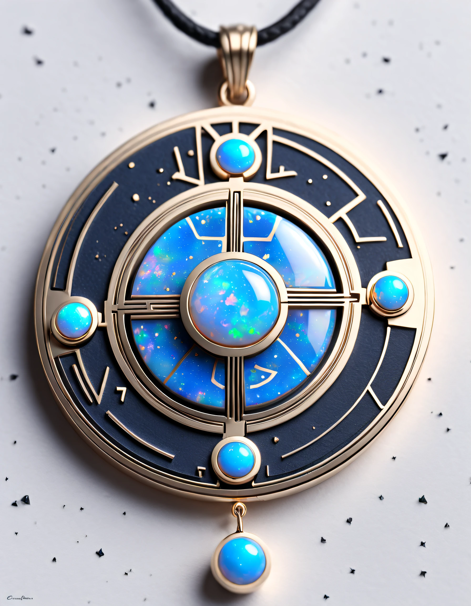 Item design, (Round pendant close-up), (There is a huge double opal in the center: 1.2), a leather cord, (Constellation symbol necklace), (constellation carving), Black gold border, platinum, lapis lazuli, turquesa, Complex structure, geometric shapes, (Dunhuang mural style), Background with: Black stone, 3Drenderingof, octaneratingrendering, number art, jewelry photography,