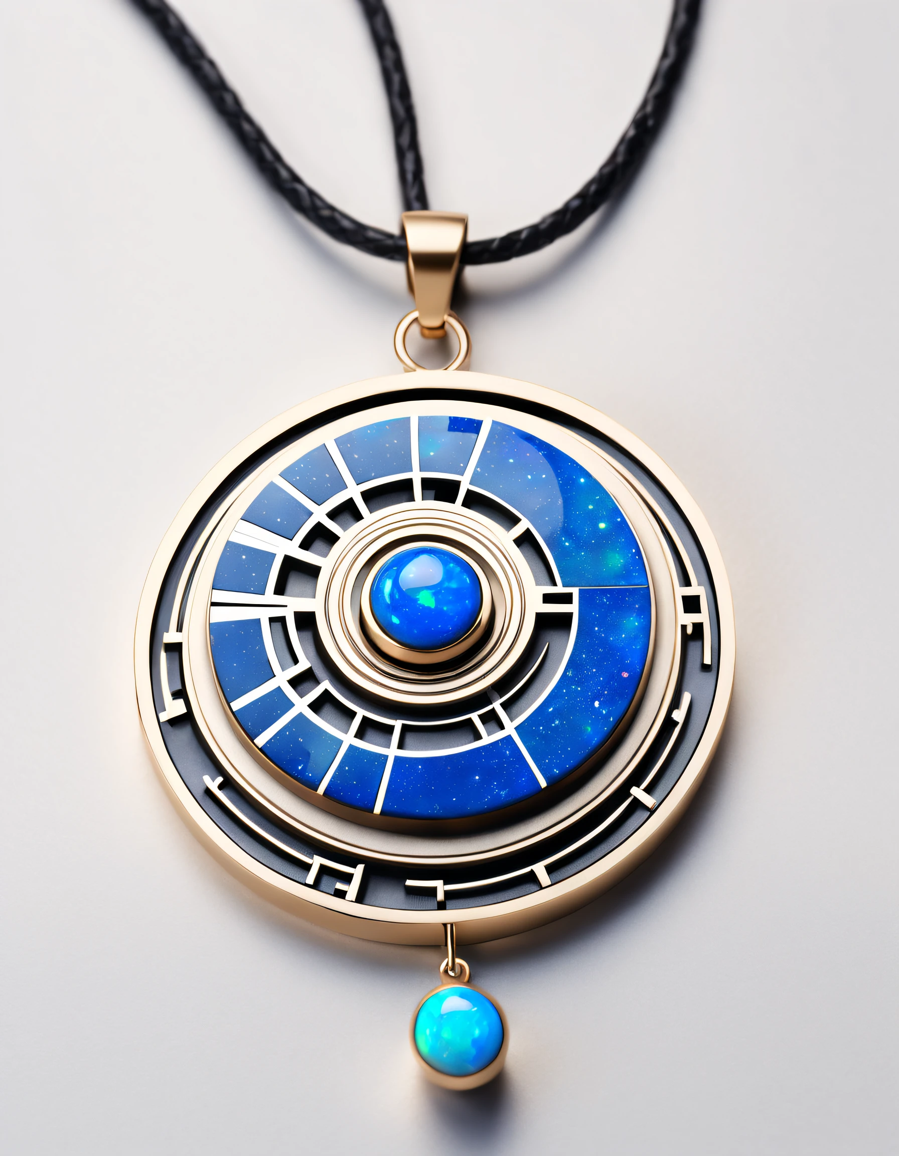 Item design, (Round pendant close-up), (There is a huge double opal in the center: 1.2), a leather cord, (Constellation symbol necklace), (constellation carving), Black gold border, platinum, lapis lazuli, turquesa, Complex structure, geometric shapes, (Dunhuang mural style), Background with: Black stone, 3Drenderingof, octaneratingrendering, number art, jewelry photography,