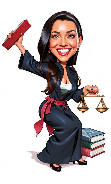 a drawing of a woman in a bathrobe holding a scale and a book, advogada, Advogado curdo, advogado, caricature illustration, estilo caricatura, professional illustration, caricatura, in cartoon style, color digital illustration, caricatural, vestido como vestes de juiz, caricatura!!!, retrato detalhado, Directed by: Eddie Mendoza, full-colour illustration, Justice, courful illustration