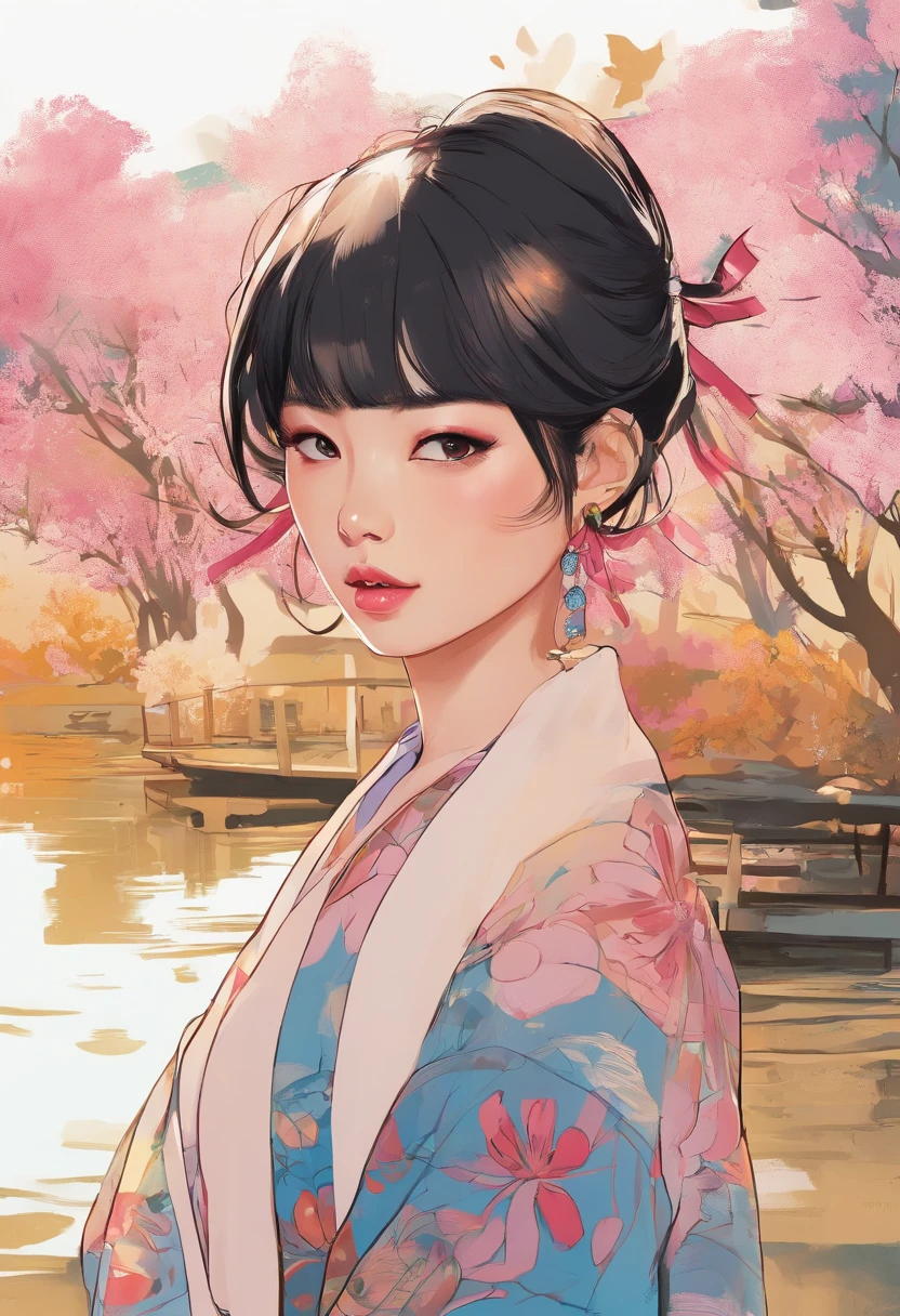 ILLUSTRACTION ACTOR/MODEL : Jennie Kim Black Pink | VABE : korean vibe | DETAILED : By embracing raw, unfiltered aesthetics that defy traditional design norms, this unique style is often characterized by minimalism, bold typography, and unconventional layouts, drawing inspiration from diverse sources such as Oil Style, digital art, 1990s anime style, Black Hair Bob, Japan beautiful girl, and the vibrant energy of 18-year-olds.