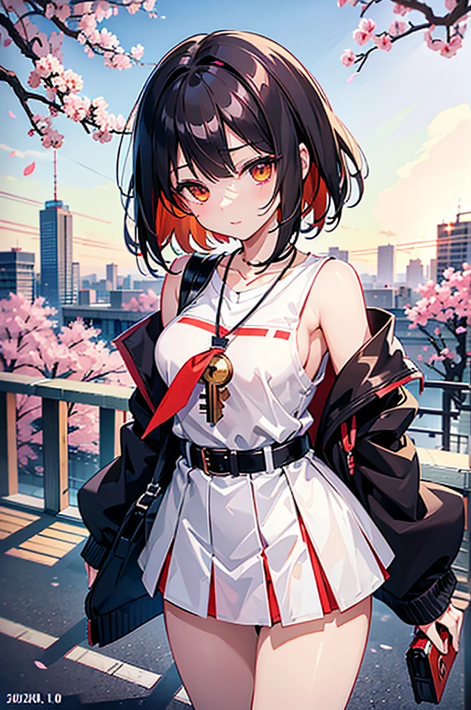 A dark-haired、short-hair、bob、Orange Eye、amber eyes、Brown plumage、Tkin、Tengu、High 、Grown-up、Naked shirt、seductiv、high socks、gloves、a necklace、Shoulder bag、camera、City Date、Cherry blossoms、hotel、Detailed key anime art, anime goddess,top-quality、An ultra-high picture quality、(Highly detailed background 1.0)、Seductive Anime Girl, anime style 4 k, best anime 4k konachan wallpaper,anime moe art style, Anime art wallpaper 8k、Highly rated on pixiv、top-quality、超A high resolution、Per person、soio、Highly rated on Twitter