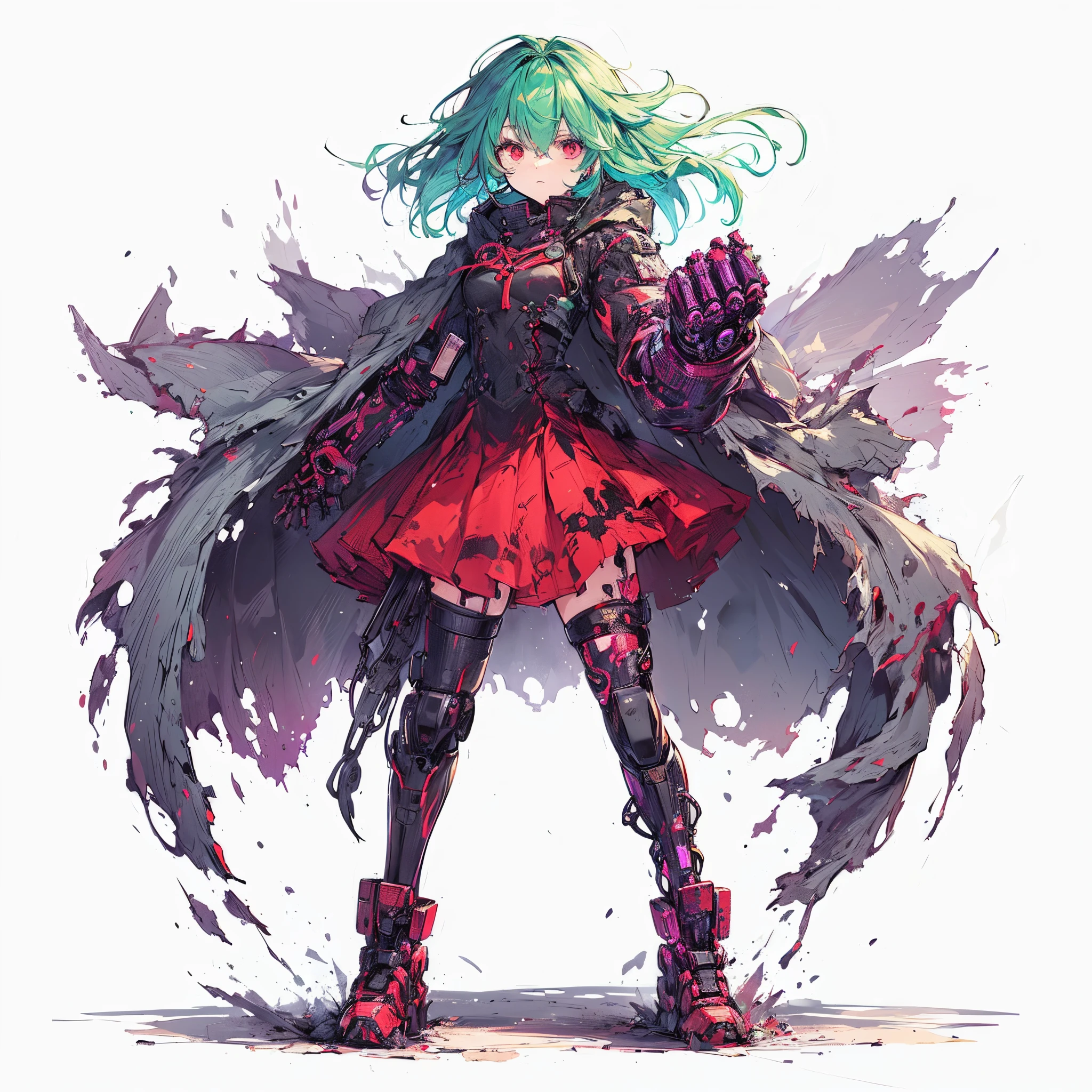 (masuter piece、top-quality)、(Perfect athlete body:1.2)、(Detailed hair)、ultra-detailliert、anime styled、full bodyesbian、sole、cyber punk Girl, sea green twin hairstyle with red eyes, Tattered cloak and red skirt , Wearing high-tech boots, black purple flame fist, Burnt mechanical limbs, standing in the wasteland, White background, full body