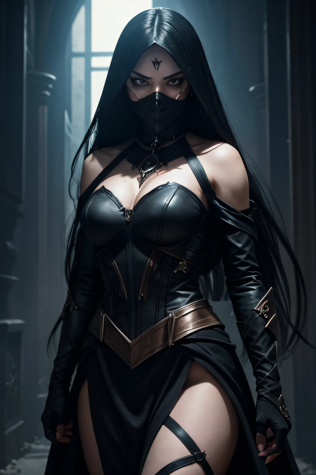 "Describe the facade of a woman who presents herself as malevolent but harbors hidden vulnerabilities. What lies beneath the mask of evil, and is redemption possible?
