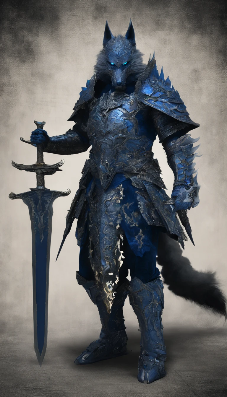 warrior, concept-art, Fantasy art, battleground background, clean render, Wear a suit of armor, Detailed bushido form smoke, helmet of a wolf deity, character is standing, 8k Realistic, in game render, detailed face background detail, Art station front page, taur, Pseudo-medieval fantasy, A deity wearing wolf armor, detailed blue and gold wolf armor, blue and gold armor, gold etched armor, Light blue armor, Gorgeous filigree armor, A wolf armor warrior, Gorgeous armor full of gems, Intricate assasin armor, Intricate metal armor, powerful warrior, Dressed in gorgeous blue armor,Decorated with intricate patterns, The helmshaped like a wolfs head ,Glowing eyes, Everything is in the dark, The smoky background alludes to battle scenes, Add an ominous aura to his character,submission, Full body shot.