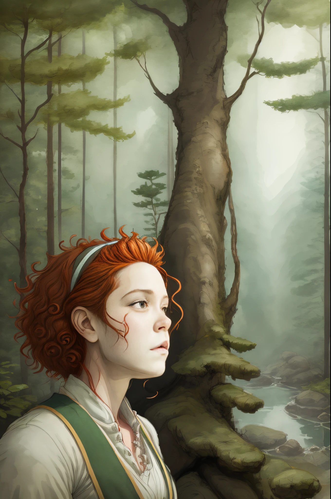 Studio ghibli character with curly red hair in a forest