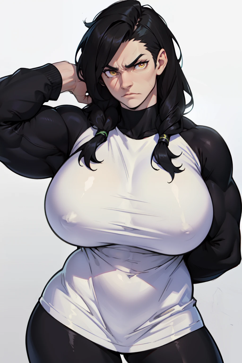 (((huge muscles huge breasts))) black hair yellow eyes pale skin tight black long sleeve t-shirt black leggings frown