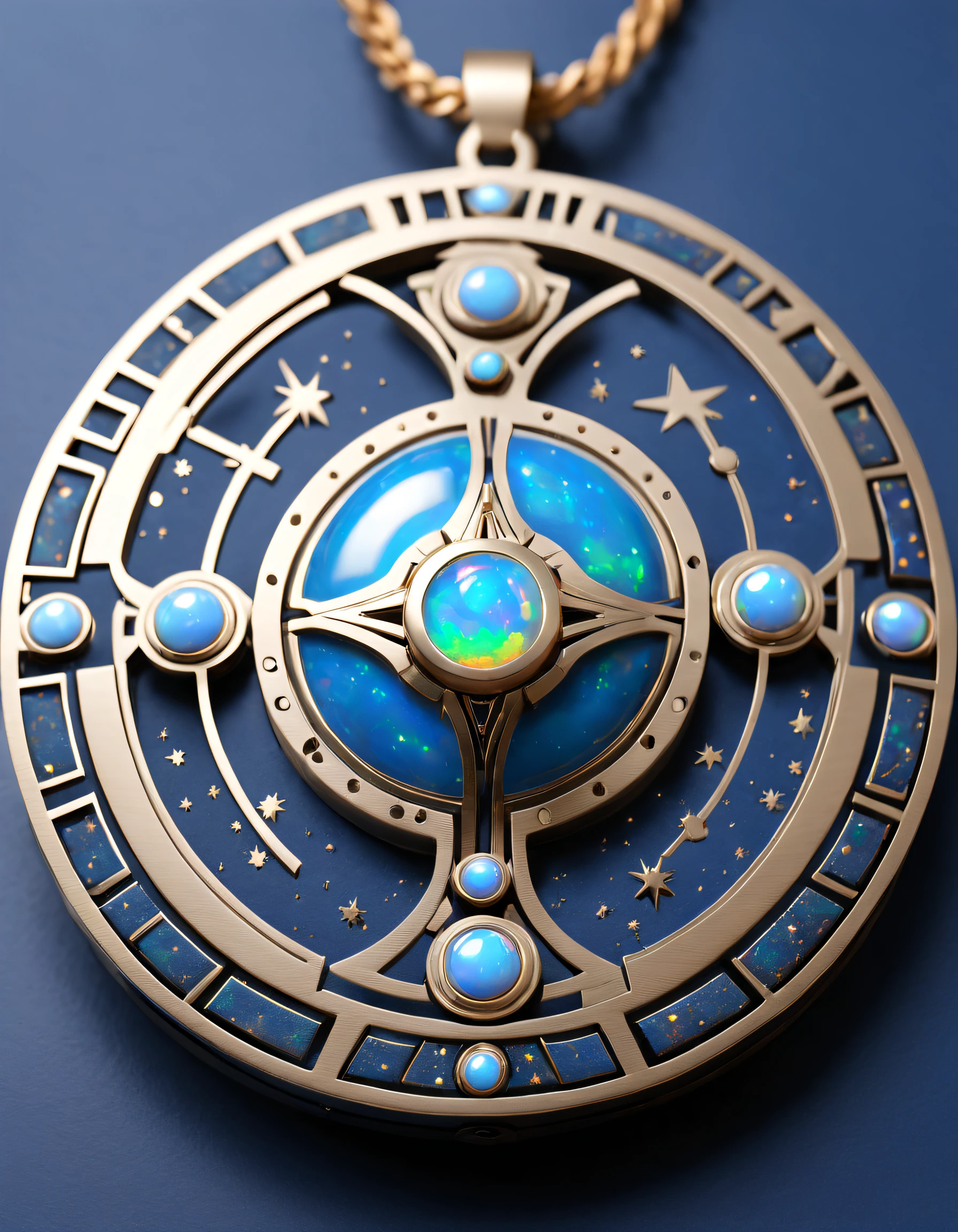 Item design, (Round pendant close-up), (There is a huge double opal in the center: 1.2), a leather cord, (Constellation symbol necklace), (constellation carving), （Black gold border）, platinum, lapis lazuli, turquesa, ClamChan，Complex structure, geometric shapes, (Dunhuang mural style), Boho Style，
Background with: Black stone, 3 Rendering, Octagon rendering, number art, jewelry photography,
