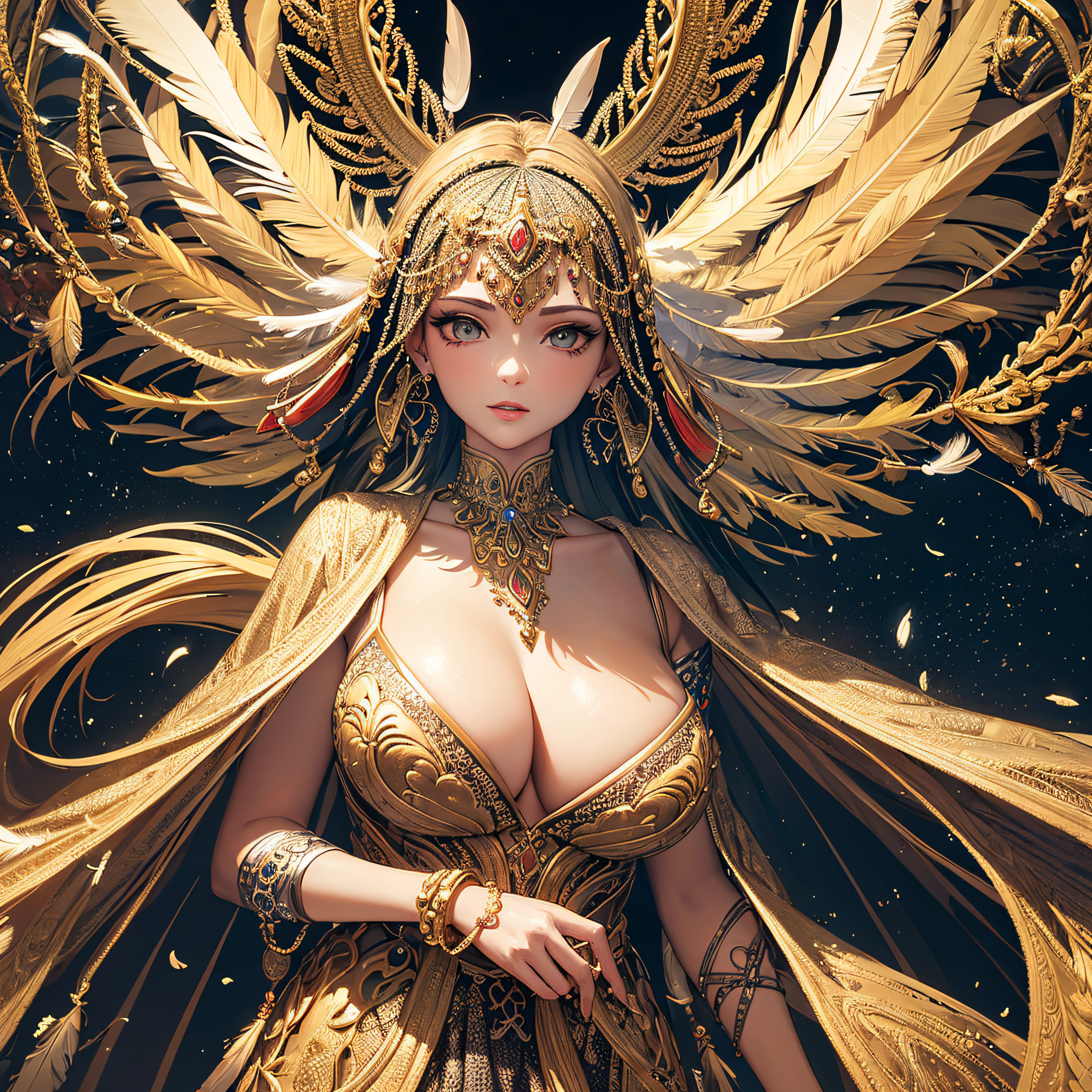 girl with,Huge breasts,off shoulders,Golden hair,Colored feathers,metal ornaments,colorful flower,Particle,Rays of Light,(masutepiece, of the highest quality, Best Quality, Official art, Beautiful and aesthetic:1.2), (1girl in:1.3), Extremely detailed,(Fractal Art:1.1),(Colorful:1.1)(Flowers:1.3),highest details,(Zentangle:1.2), (Dynamic Pose), (Abstract background:1.3), (Shiny skin), (Many colors:1.4), ,(earrings:1.4), (Feathers:1.4)