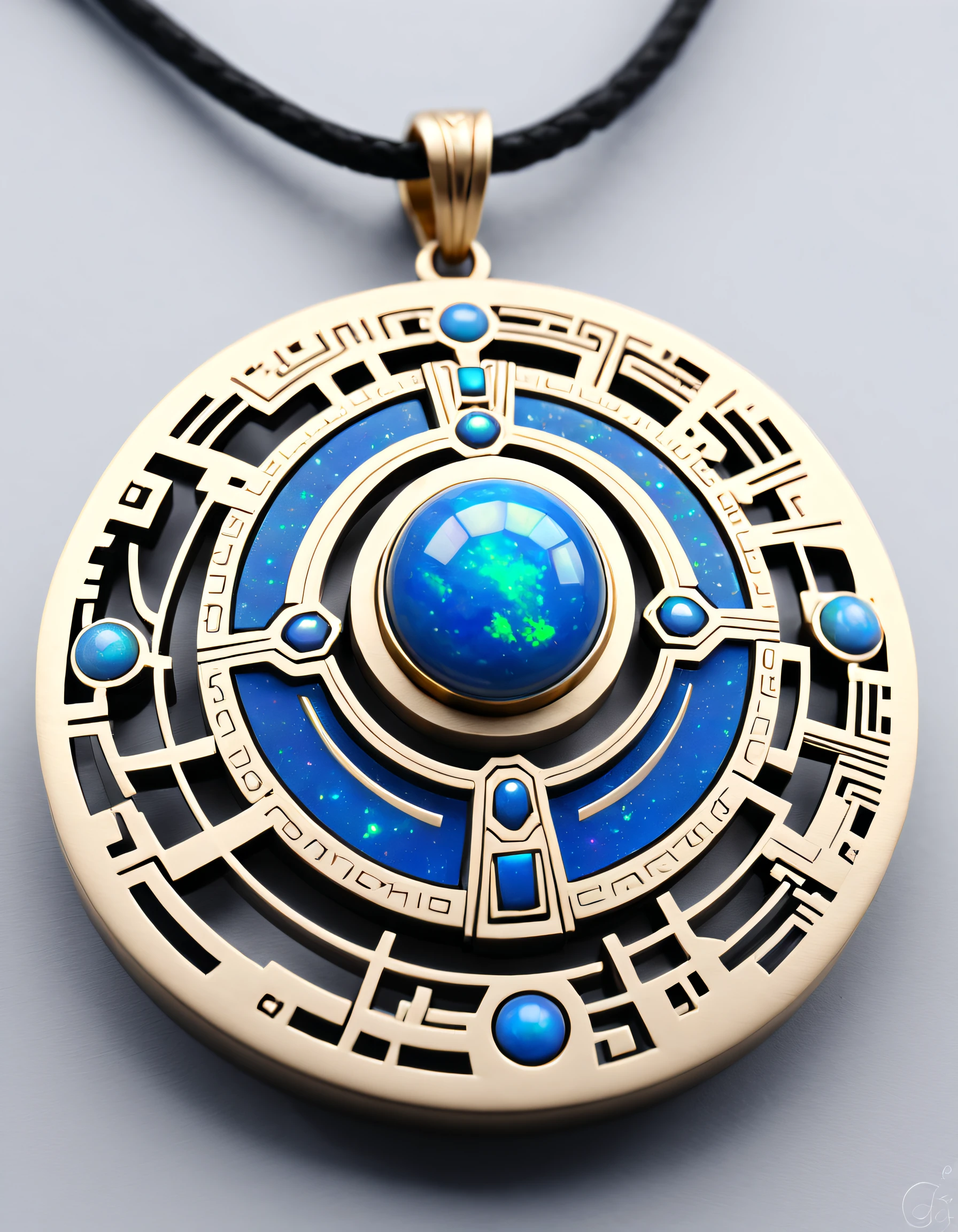 Item design, (Round pendant close-up), (There is a huge double opal in the center: 1.2), a leather cord, (Constellation symbol necklace), (constellation carving), （Black gold border）, platinum, lapis lazuli, turquesa, ClamChan，Complex structure, geometric shapes, (Dunhuang mural style), Boho Style，
Background with: Black stone, 3 Rendering, Octagon rendering, number art, jewelry photography,