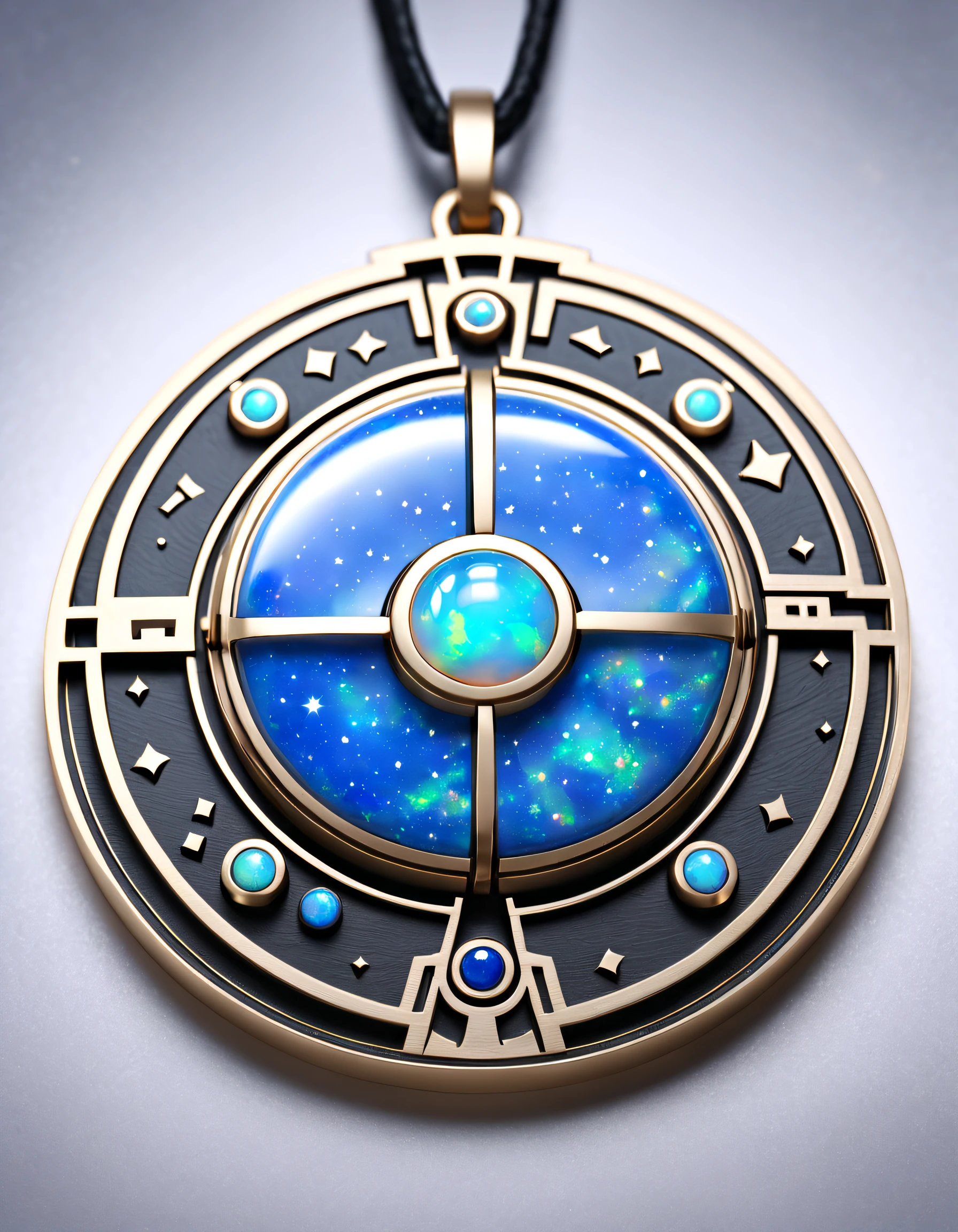 Item design, (Round pendant close-up), (There is a huge double opal in the center: 1.2), a leather cord, (Constellation symbol：1.2), (constellation carving), (Black gold border:0.8), lapis lazuli, turquesa, Clams，Complex structure, geometric shapes, (Dunhuang mural style), Background with: Black stone, 3 Rendering, Octagonal rendering, number art, jewelry photography,