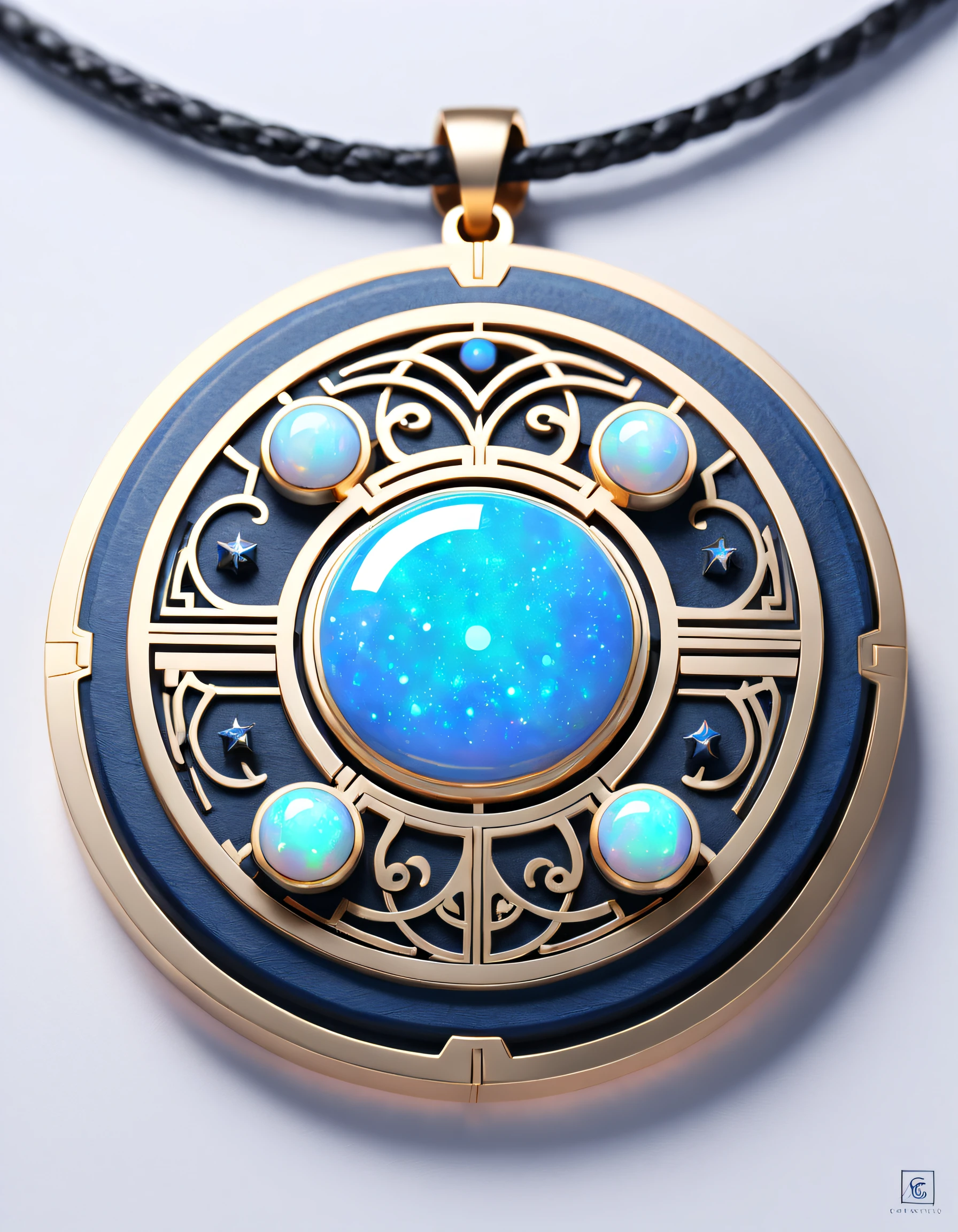 Item design, (Round pendant close-up), (There is a huge double opal in the center: 1.2), a leather cord, (Constellation symbol：1.2), (constellation carving), (Black gold border:0.8), lapis lazuli, turquesa, Clams，Complex structure, geometric shapes, (Dunhuang mural style), Background with: Black stone, 3 Rendering, Octagonal rendering, number art, jewelry photography,