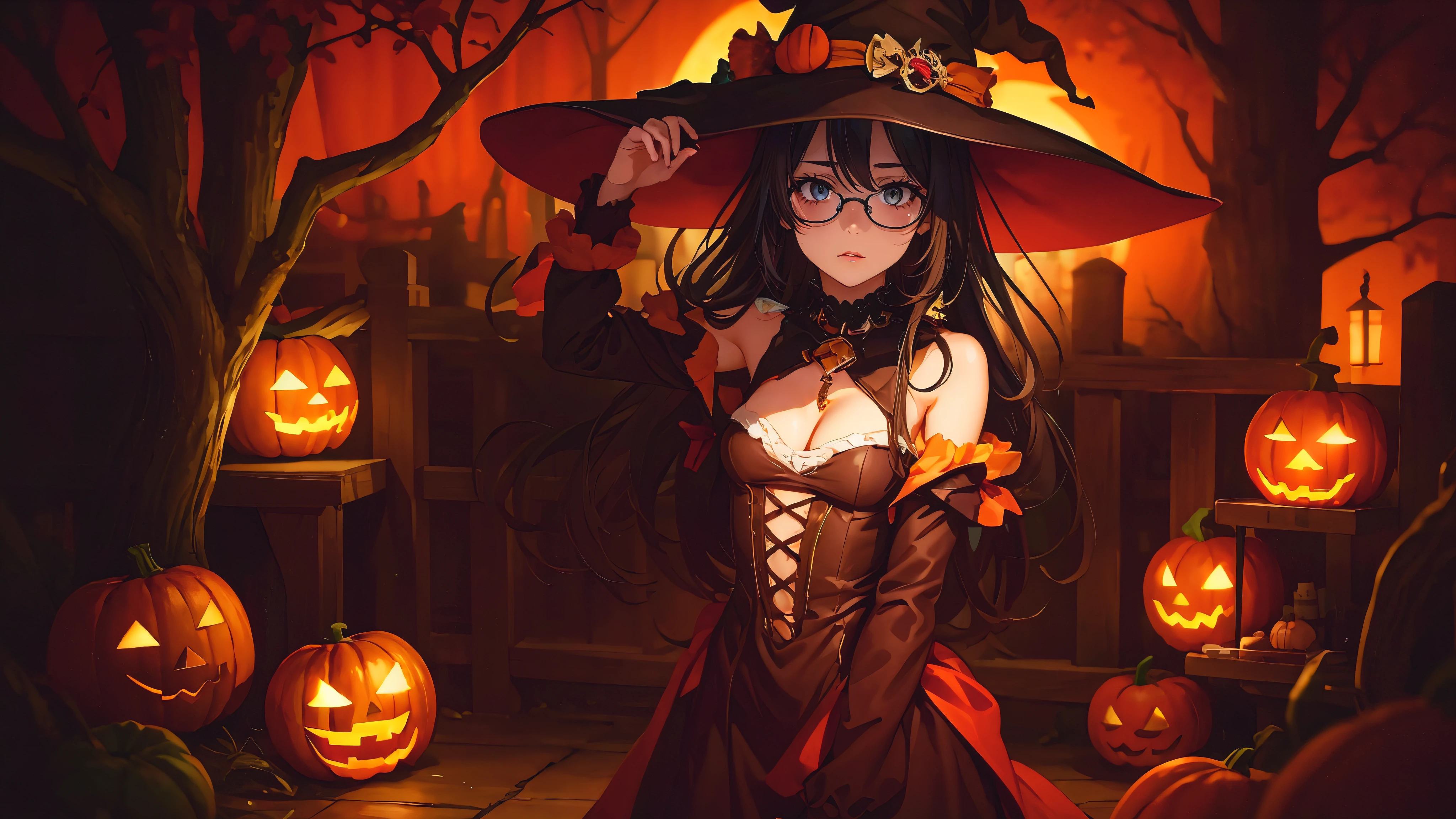 anatomically correct, best quality, masterpiece, high quality, high details, highres, HD, (shaded face:1.2), hollow eyes, grey eyes, looking at viewer, heavy breathing, expressionless, lips,, black hair, long hair, 1girl, jack-o'-lantern, alloween, hat, solo, witch_hat, lantern, glasses, pumpkin, long_hair, breasts, yellow_eyes, witch, cleavage_cutout, medium_breasts, cleavage, brown_hair, lollipop, happy_halloween, dress