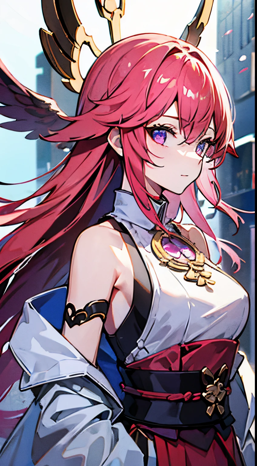 1 girl, solo, pink hair, brown eyes, double-parted bangs, crown braid, long hair, (mature female, mature:1.2), (pixiv:1.4), high quality, mole under eye, white strap dress, earrings, choker, lipstick, big bust, bright smile, happy, looking at camera, simple background