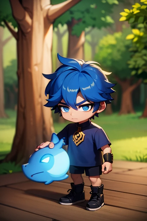 A blue skinned dragon boy with blue hair with golden eyes and golden horns is holding a golden dragon in the woods