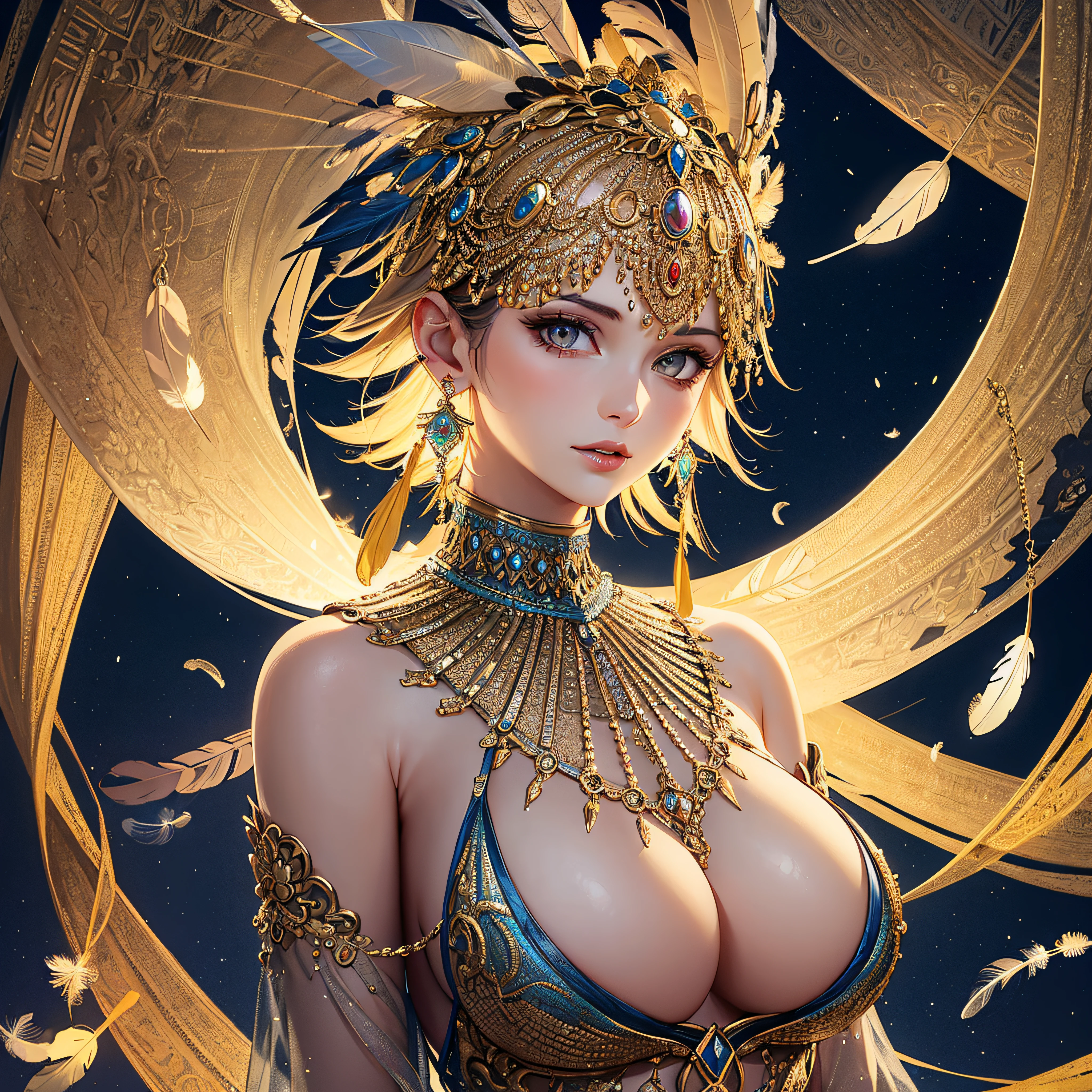 girl with,Huge breasts,off shoulders,Golden hair,Colored feathers,metal ornaments,colorful flower,Particle,Rays of Light,(masutepiece, of the highest quality, Best Quality, Official art, Beautiful and aesthetic:1.2), (1girl in:1.3), Extremely detailed,(Fractal Art:1.1),(Colorful:1.1)(Flowers:1.3),highest details,(Zentangle:1.2), (Dynamic Pose), (Abstract background:1.3), (Shiny skin), (Many colors:1.4), ,(earrings:1.4), (Feathers:1.4)