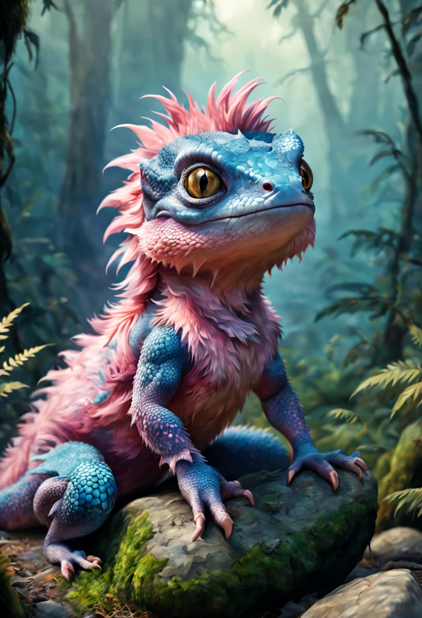 Johan Potma style, "(Best Quality, Ultra-detailed, Realistic:1.37),(( small fur lizard)),Cute monster ,antenna, large tities, expressive eyes, Fluffy eyelashes,  Pink, Sitting on a stone in the forest, Very cute, Indigo Eyes, soft fluffy fur",whimsical surroundings,Fairytale setting,Unearthly beauty,Magic in the air,Serene and peaceful atmosphere,A hint of fog in the distance,amazing quality,endless photorealistic details