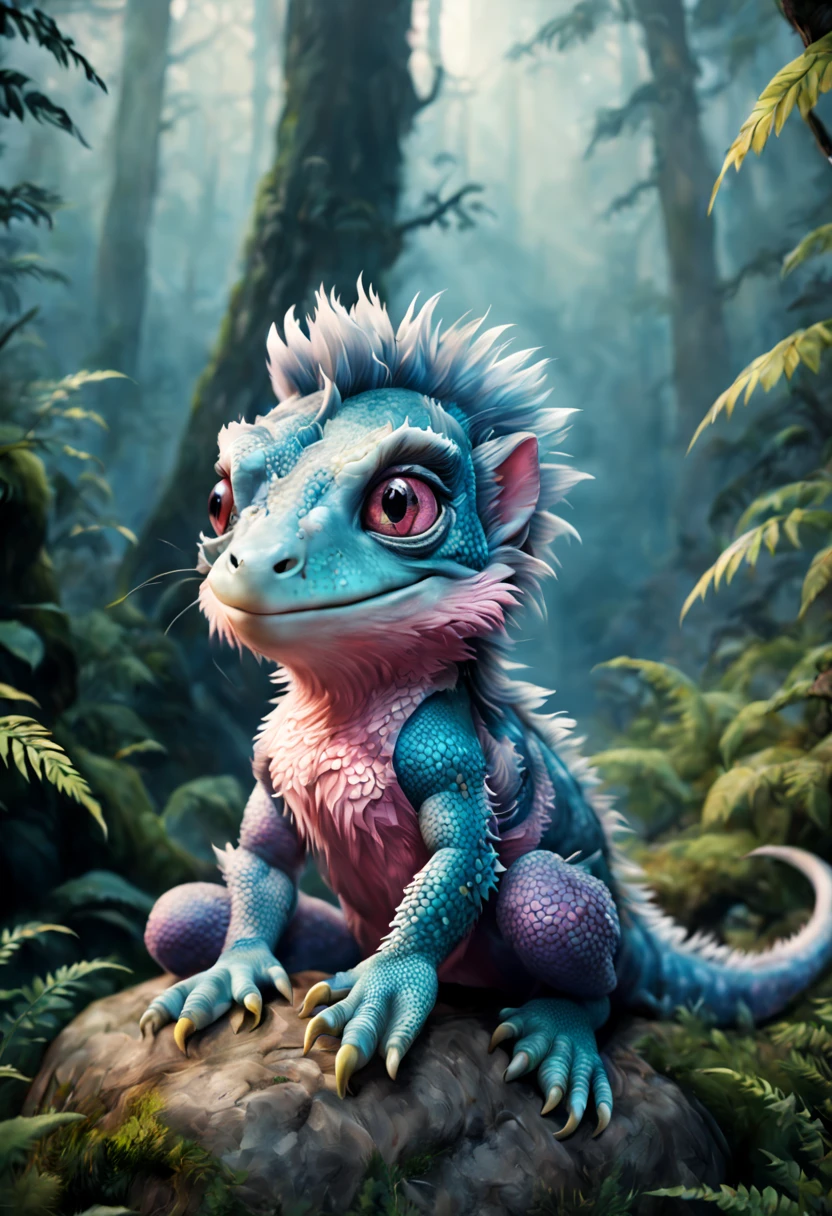 Johan Potma style, "(Best Quality, Ultra-detailed, Realistic:1.37),(( small fur lizard)),Cute monster ,antenna, large tities, expressive eyes, Fluffy eyelashes,  Pink, Sitting on a stone in the forest, Very cute, Indigo Eyes, soft fluffy fur",whimsical surroundings,Fairytale setting,Unearthly beauty,Magic in the air,Serene and peaceful atmosphere,A hint of fog in the distance,amazing quality,endless photorealistic details