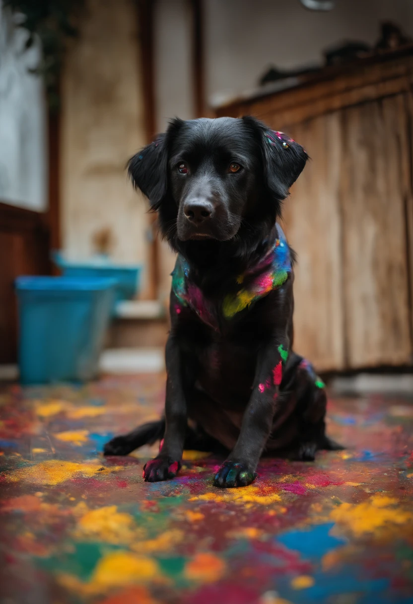 A photo of Jinjin covered in paint, with colorful paw prints all over the floor,original,ugly dog, small, black