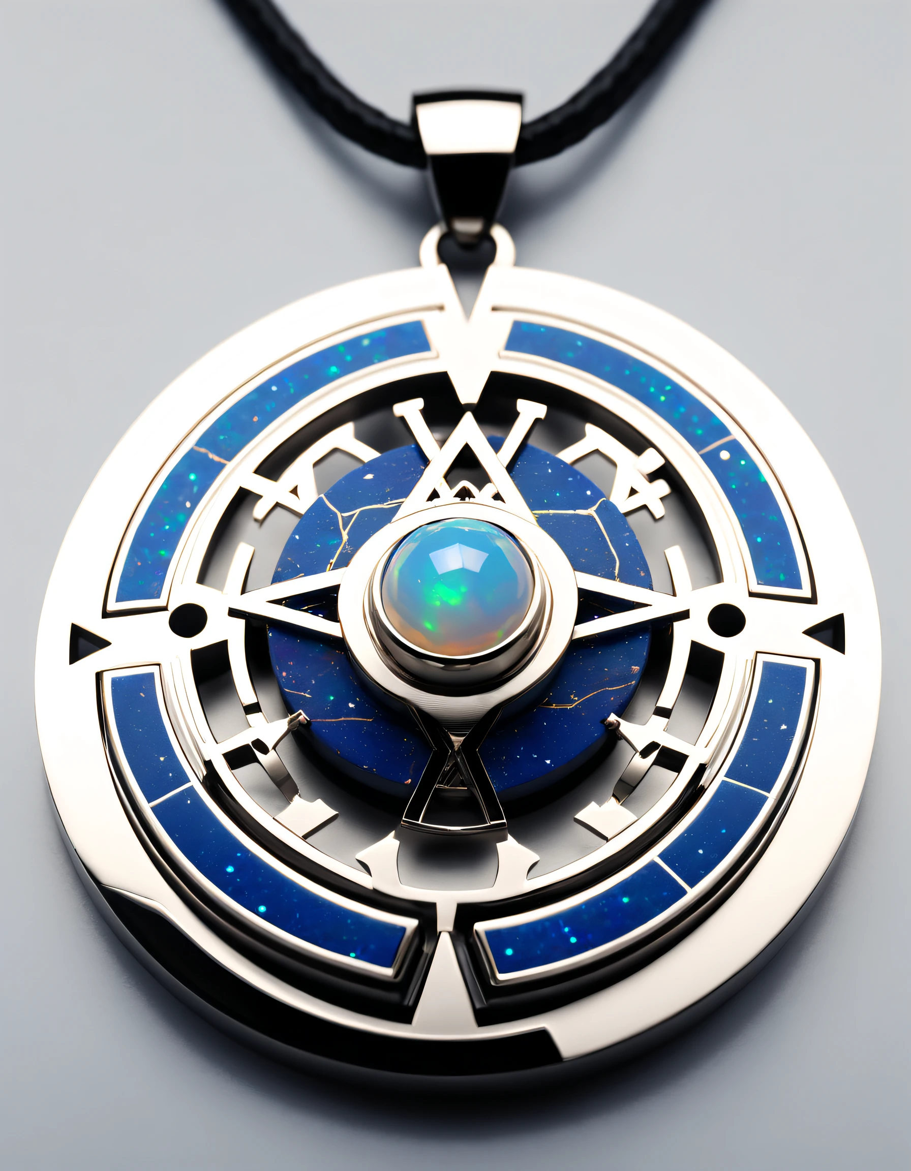 Item design, (Round pendant close-up), (There is a huge double opal in the center: 1.2), a leather cord, (Constellation symbol necklace), (constellation carving), (Black gold border), platinum, lapis lazuli, turquesa, ClamChan,Complex structure, geometric shapes, (RococoStyle), Boho Style,
Background with: Black stone, 3 Rendering, Octagon rendering, number art, jewelry photography,