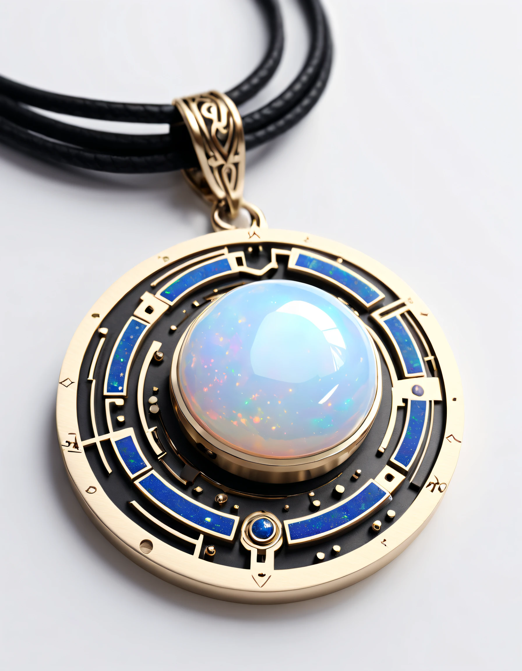 Item design, (Round pendant close-up), (There is a huge double opal in the center: 1.2), a leather cord, (Constellation symbol necklace), (constellation carving), (Black gold border), platinum, lapis lazuli, turquesa, ClamChan,Complex structure, geometric shapes, (RococoStyle), Boho Style,
Background with: Black stone, 3 Rendering, Octagon rendering, number art, jewelry photography,