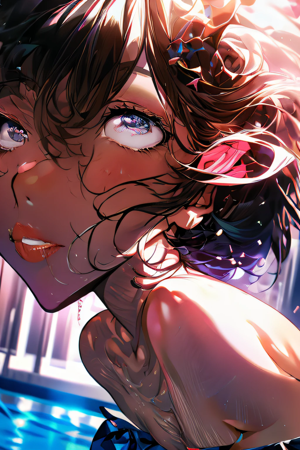 anime art style, Close-up of a busty girl in a bikini, Brilliant background, Skimpy bikini, Bust size HH, big butt, Dark hair, Lovestruck, next to a pool, flirty pose, Elegant face, (Best Quality: 1.5), dynamicpose, digital illustration art, perfect , Highly detailed, Concept art, Smooth, sharp-focus, illustartion, Detailed Face, Detailed background, Not a word, no signature, Intricate, Classy, four fingers and one thumb per hand, perfect lighting, Very detailed, UHD, HD, seen from behind,