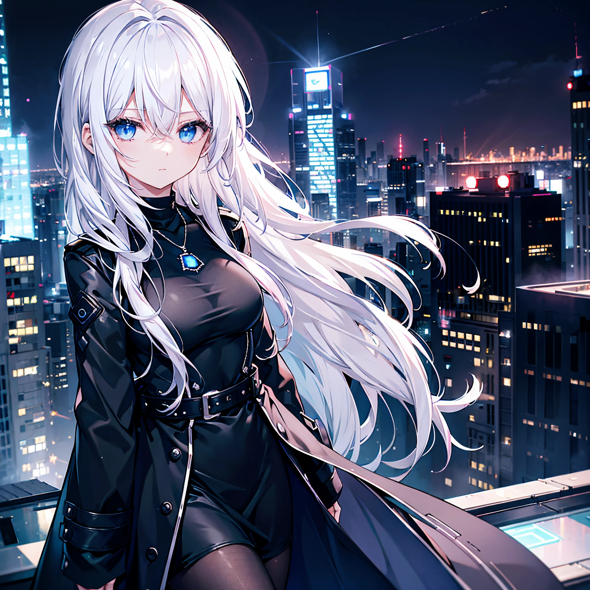 deep in the night、Rooftop of an urban building、Sniper Woman、White hair with light pink mesh、blue eyes、Black long coat、White T-shirt、a black skirt、Cool face、Sapphire Necklace、cool lady