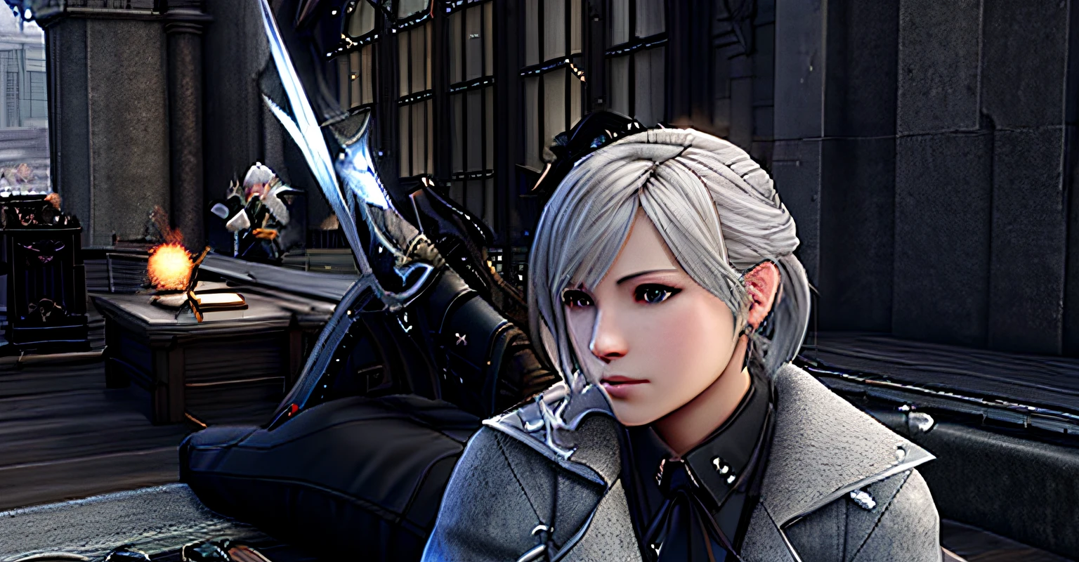 There is a woman with blonde hair and a gray jacket, final fantasy 14 style, final fantasy 14 sharp, final fantasy 1 4 screenshot, final fantasy 1 4, Tifa Lockhart with gray hair, final fantasy xiv, 2 b, 2b, Girl with white hair, character close-up, FFXIV, tranding on pxiv, perfect gray hair girl
