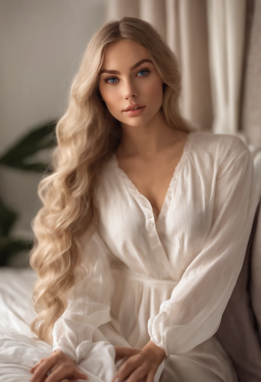 arafed woman fully , sexy girl with blue eyes, ultra realistic, meticulously detailed, portrait sophie mudd, blonde hair and large eyes, selfie of a young woman, bedroom eyes, violet myers, without makeup, natural makeup, looking directly at the camera, face with artgram, subtle makeup, stunning full body shot kneeling on bed, in bedroom, large size bust