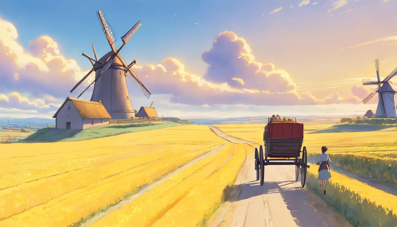 detailed color pencil drawing of horse-drawn cart on a narrow road between yellow fields, cloudy, ((windmill in the background)),, (cart in front of camera) stills from Lord of the Rings, 2001, in the style of Alan Lee, fantasy