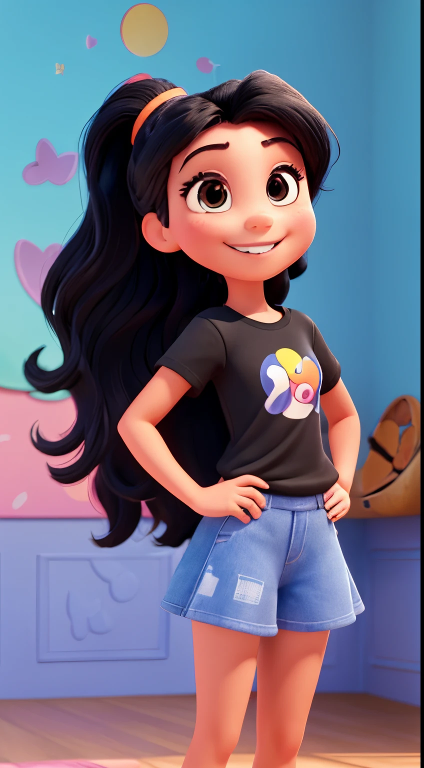 Disney Pixar-inspired movie tittle background, a teen girl, cartoon, vibrant colors, playful shadows, colorful palette, whimsical scenery, dynamic composition, cheerful atmosphere, cinematic quality, black straight long hair, black eye, smile, positive, optimistic, energetic, Germany, gym, healthy body, outgoing, young, orange shirt, sport wear, low pony tail, Asian, small eye, good looking smile
