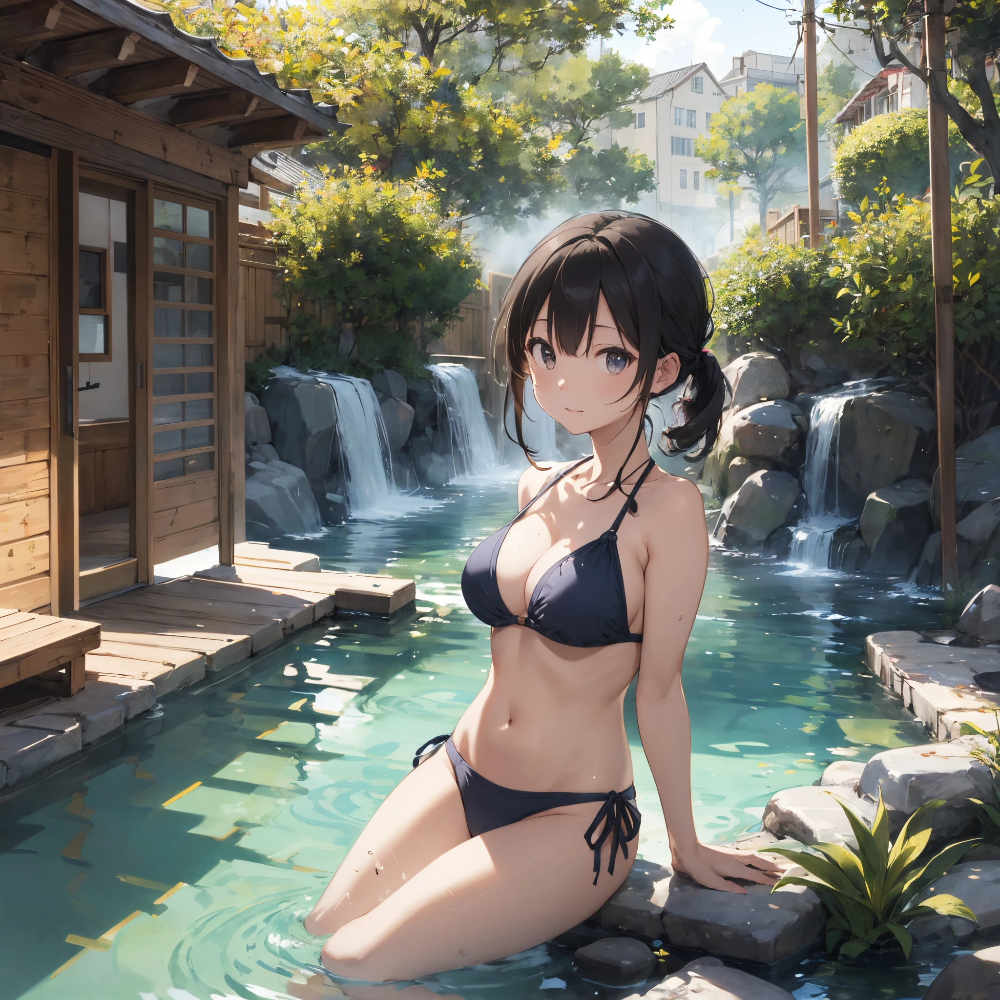 Realistic background blur that looks like it was taken with a high-performance camera.、Please provide high quality illustrations....。A beautiful girl soaking in a hot spring with a relaxed expression.、The steam rising from the bathtub is beautifully depicted.....。Attention to detail in hair and skin、Enjoy the natural texture。To convey the atmosphere of a hot spring area、Please draw the surrounding scenery and hot spring facilities.....。Highlight that beautiful girls are wearing bikinis、Please draw an illustration that takes advantage of her charm.....。"
