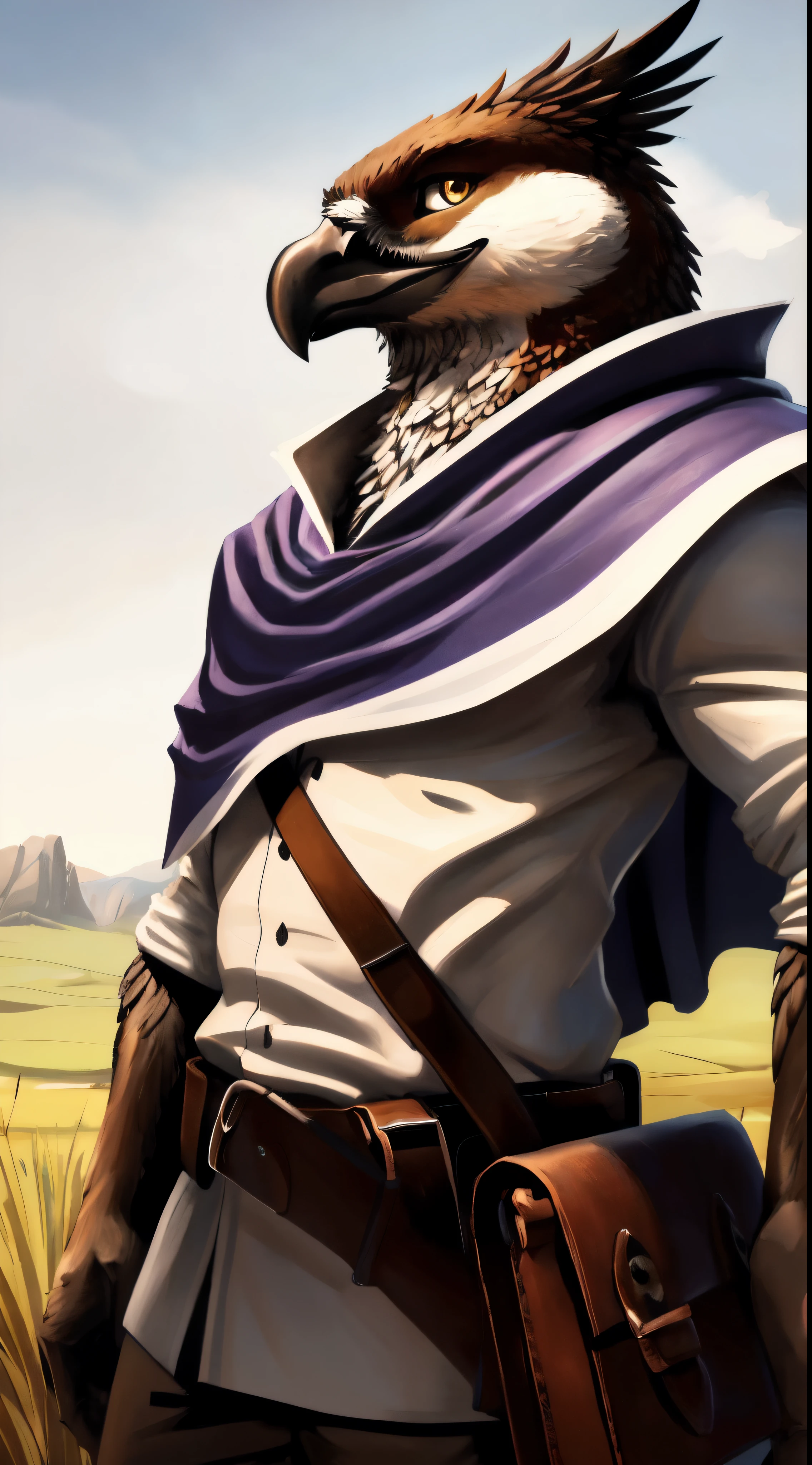 ((solo, three-quarters perspective, masterpiece, chest level shot, standing, preparing to take off, (anthro), looking at viewer, high resolution, 4K)), male, adult, ((hawk-face, detailed feathers, fully feathered body, extremely detailed, slender build, three-tone feathers, three-tone wings, black and brown and white feathered body)), gold eyes, high contrast, dynamic composition, grassland background, daylight, ((leather satchel, white medieval shirt, short purple cape))