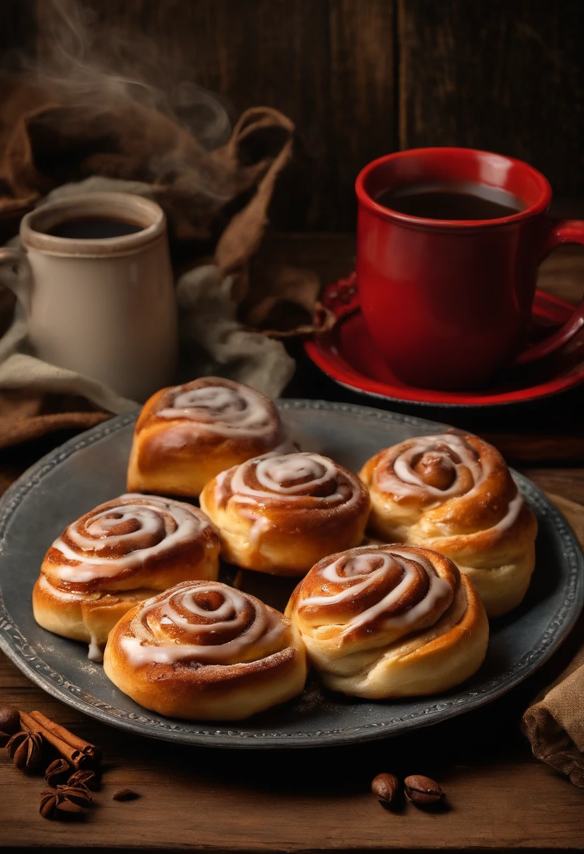 A plate of warm, gooey, freshly baked cinnamon rolls on a rustic wooden table, surrounded by a steaming mug of coffee and a stack of vintage horror novels,original,Portrayed by Stephen King, the American author, himself