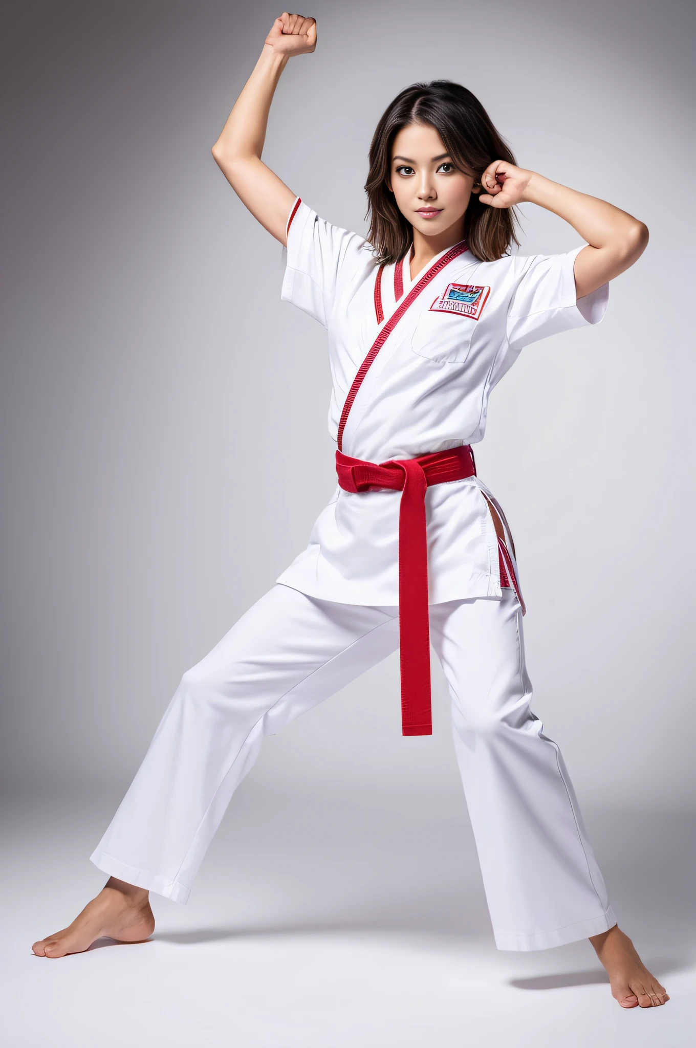a picture, a handsome, 8k full body portrait of a man, Charming sweet look, Move ki, shorth hair, musculature, clong legs, Muscular legs,, bare-legged, Detailed muscular physique, a picture, (masterpiece, top-quality, top-quality, Official art), Stick out your fist, Large and dynamic movements, Photorealistic depiction,20yr old, Toned waist, White Karate Uniform, Karate Belt, White karate pants, Accurate depiction of details, Perfect skeleton, Look straight at your audience, sharp gaze