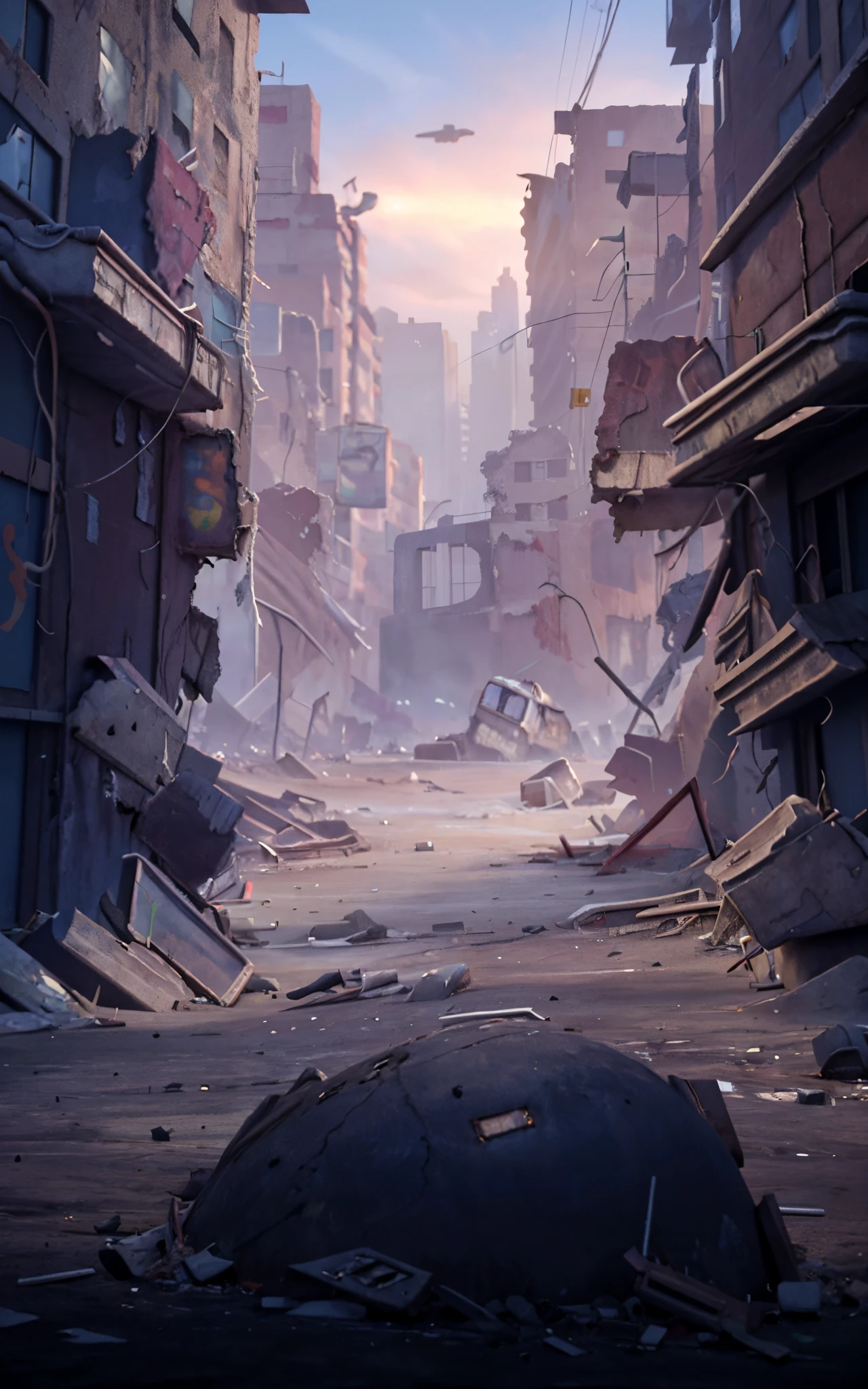 a close up of a street, digital concept art of dystopian, in a ruined cityscape, dystopian digital art, dystopian environment, destroyed city, stylized urban fantasy artwork, dystopian background, dystopian scifi apocalypse, scenic dystopian environment, Pixar art style, 3D Render