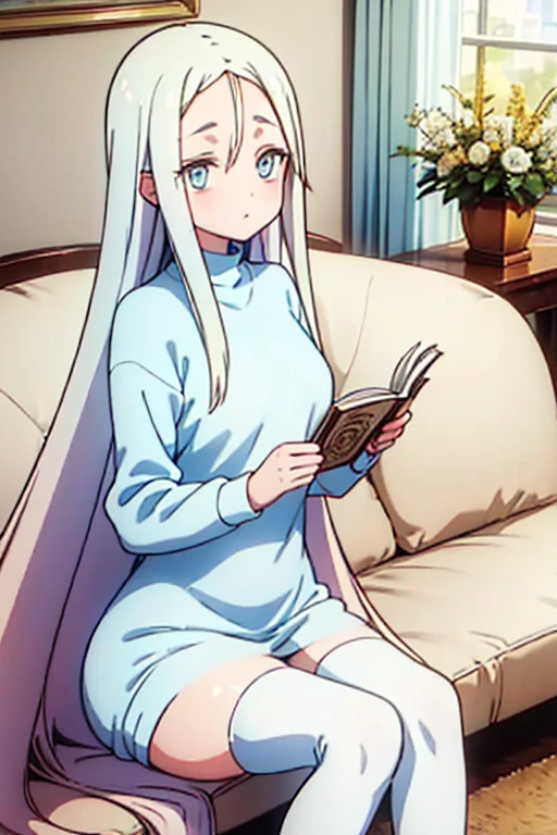 Young, slim, and very petite woman with long yellow hair, bangs across her forehead, bright blue eyes, wearing a white wool sweater that subtly emphasizes her bust, white stockings. She is sitting at the kitchen table with her legs crossed, reading a book on a large sofa in the living room.