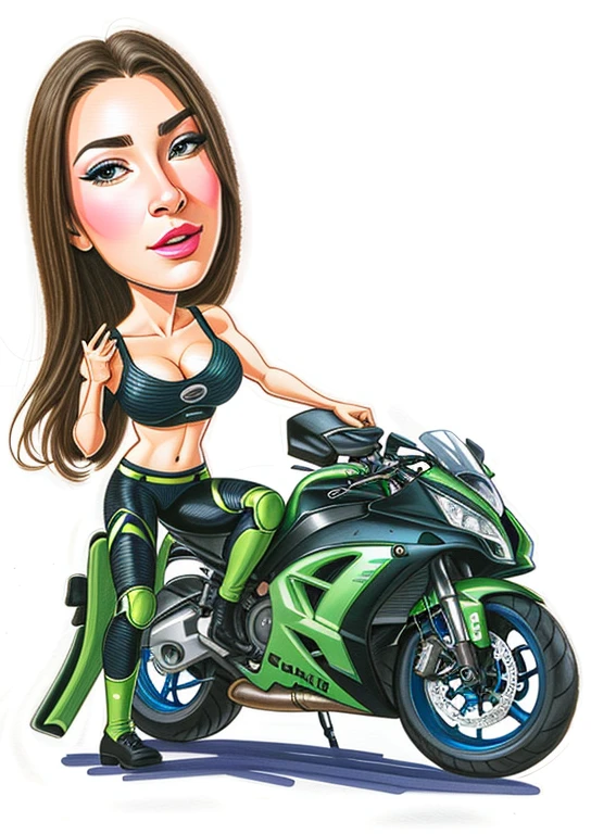 um desenho animado de uma mulher sentada em uma motocicleta verde, arte dos desenhos animados, estilo de arte dos desenhos animados, estilo caricatura, in cartoon style, retrato dos desenhos animados, Cartoon style illustration, caricature illustration, air brush illustration, arte dos desenhos animados, color digital illustration, arte digital dos desenhos animados, pintura digital dos desenhos animados, caricatural, desenho animado de arte digital, desenho colorido, desenho dos desenhos animados, motociclista