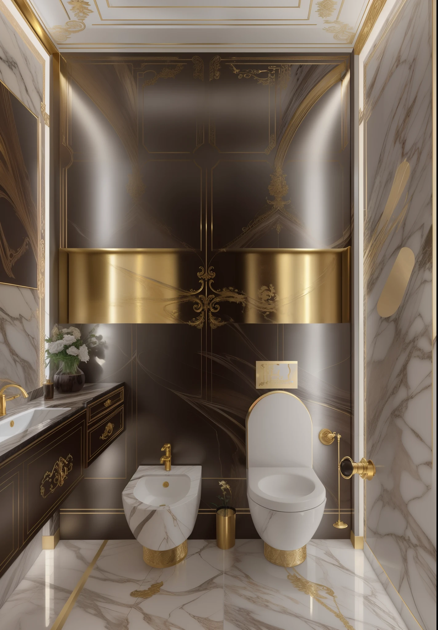 there is a bathroom with a toilet and a sink in it, wooden walls brass panels, gold and luxury materials, golden toilet, premium bathroom design, modern design, magnificent design, baroque marble and gold in space, inspiration, wood and gold details, brass pipes on the walls, elegant and ornate, made of liquid metal and marble, marble and hint gold